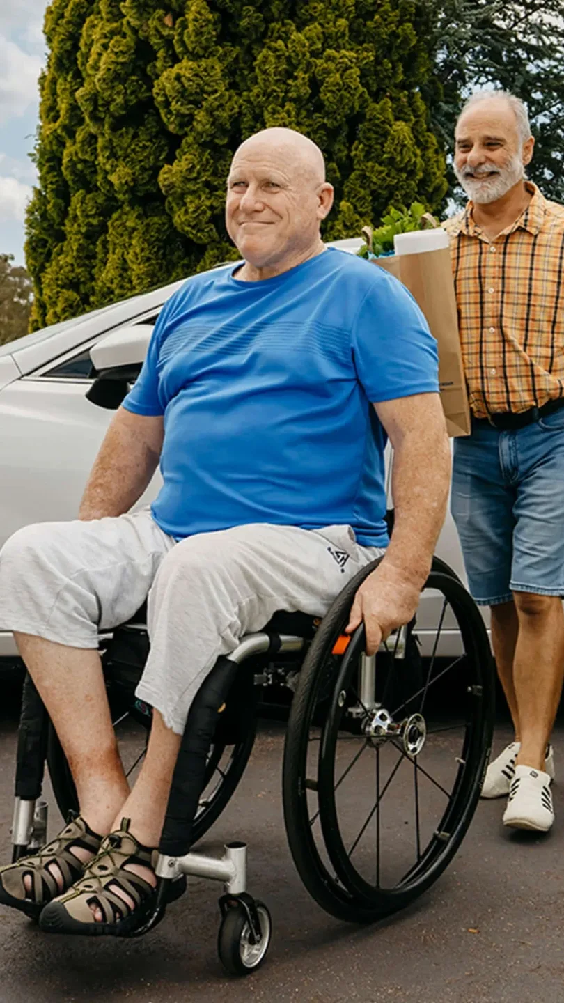 Person who is blind and paraplegic wheels up driveway with support worker following with groceries.