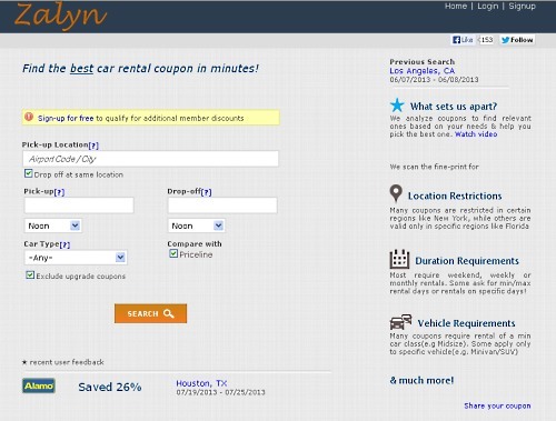 Zalyn car rental coupon website