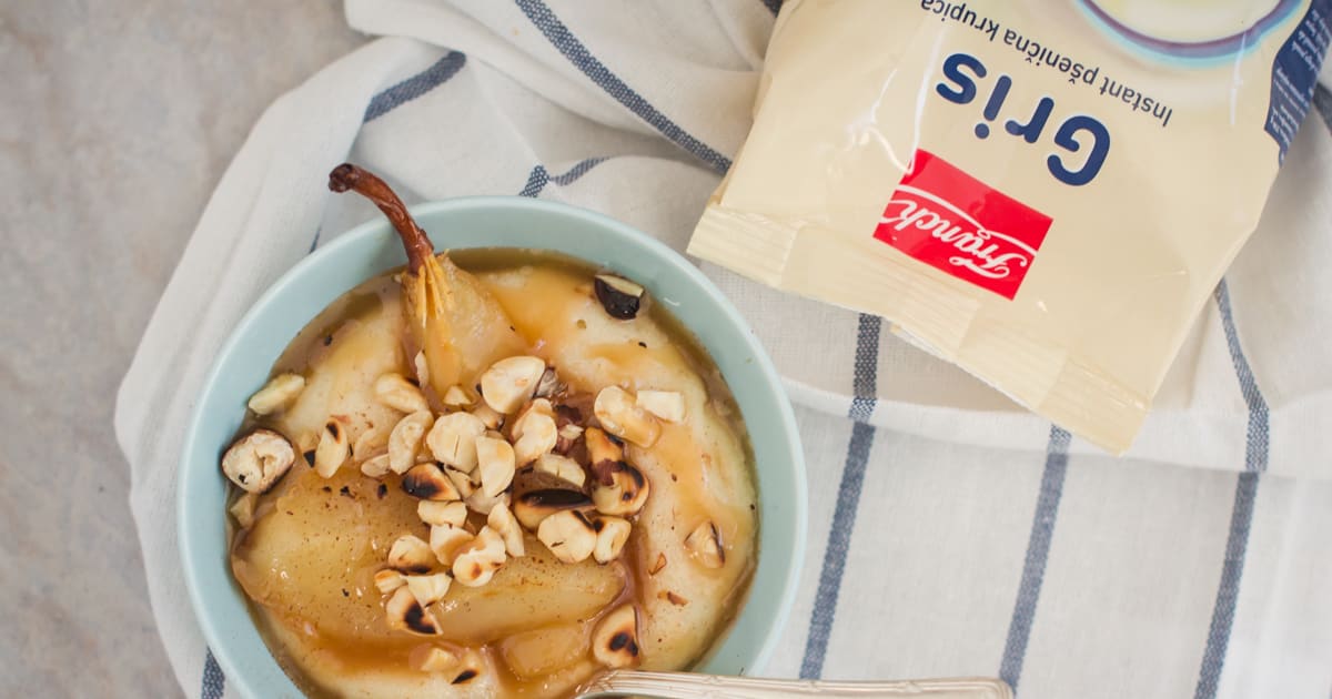 Franck grits with caramelized pears and roasted hazelnuts