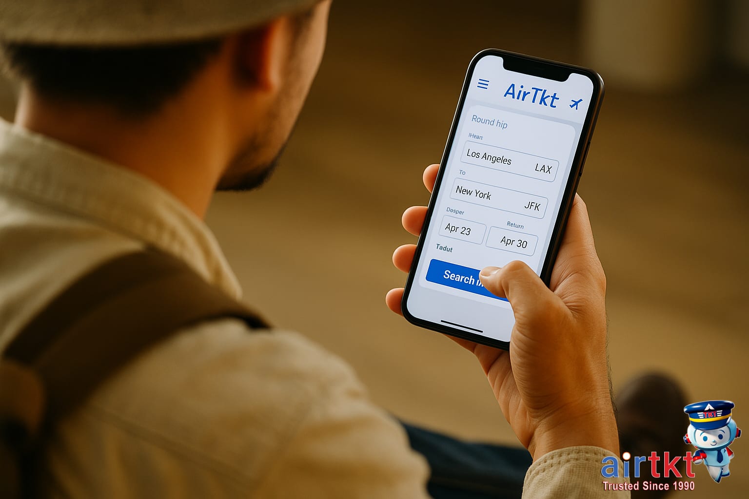 Traveler using smartphone booking flights on AirTkt with user-friendly interface.