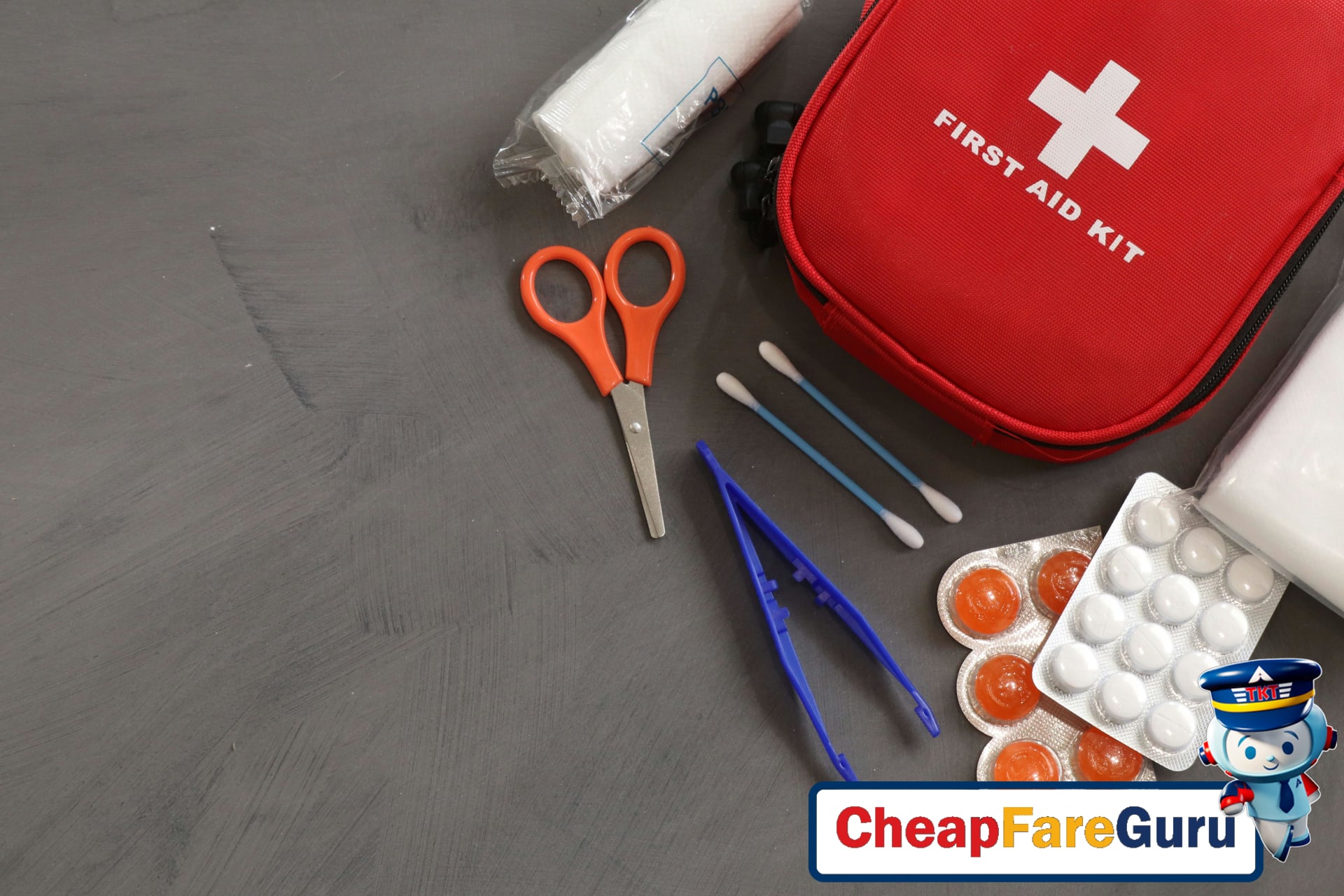 Luggage and travel essentials on a bed