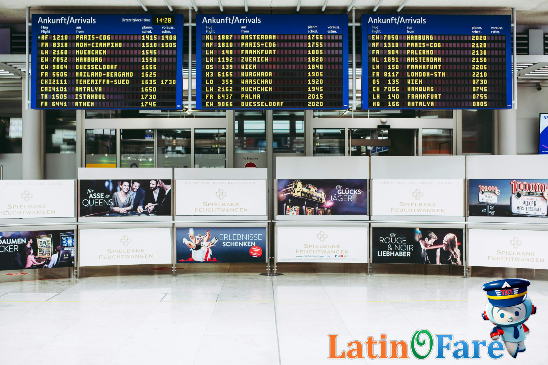 Airplane flying over city skyline at sunset