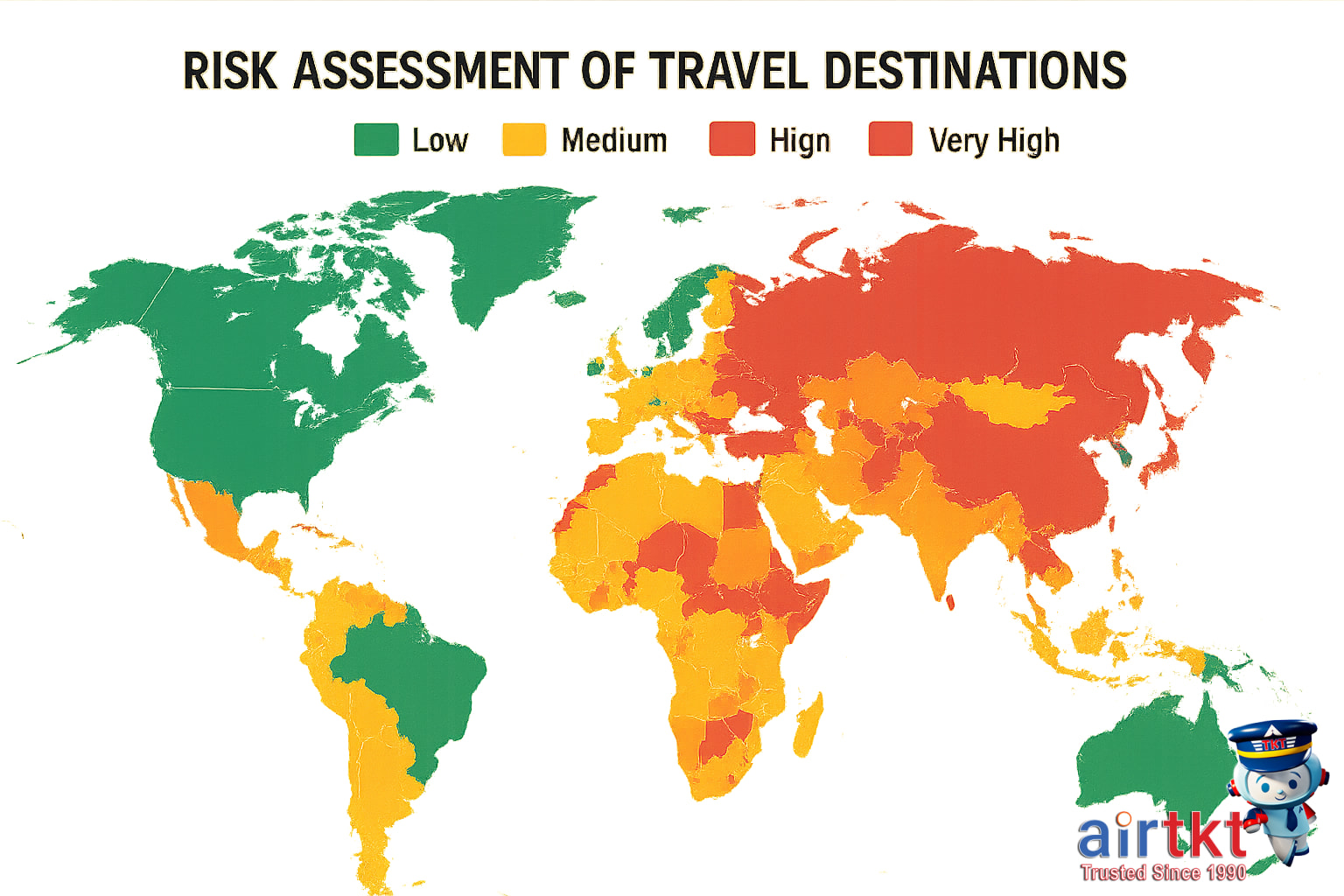 Map graphic showing risk assessment by destination with safety levels