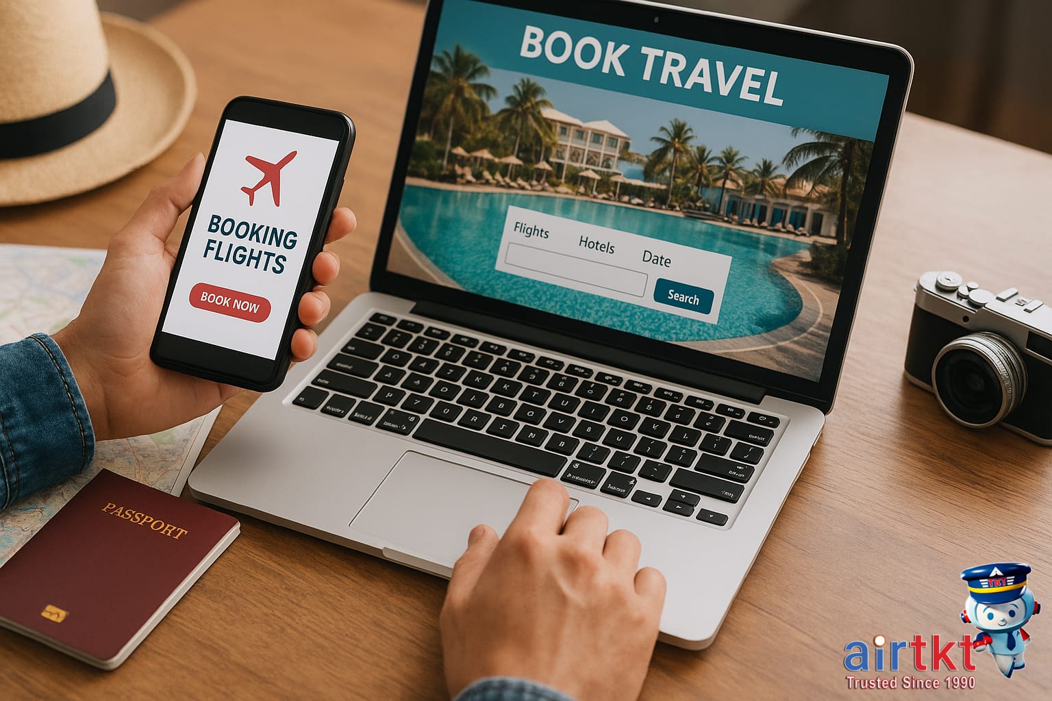 Passenger booking flights and hotels on a laptop