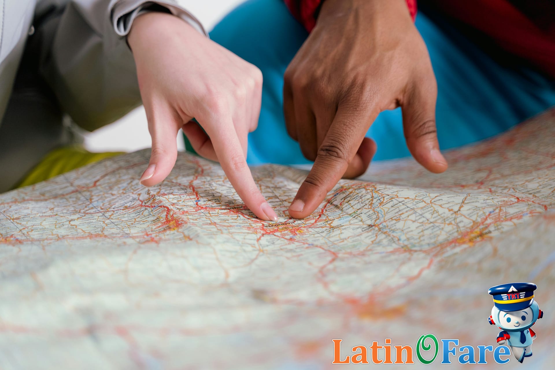 Hands pointing at a paper map for travel planning