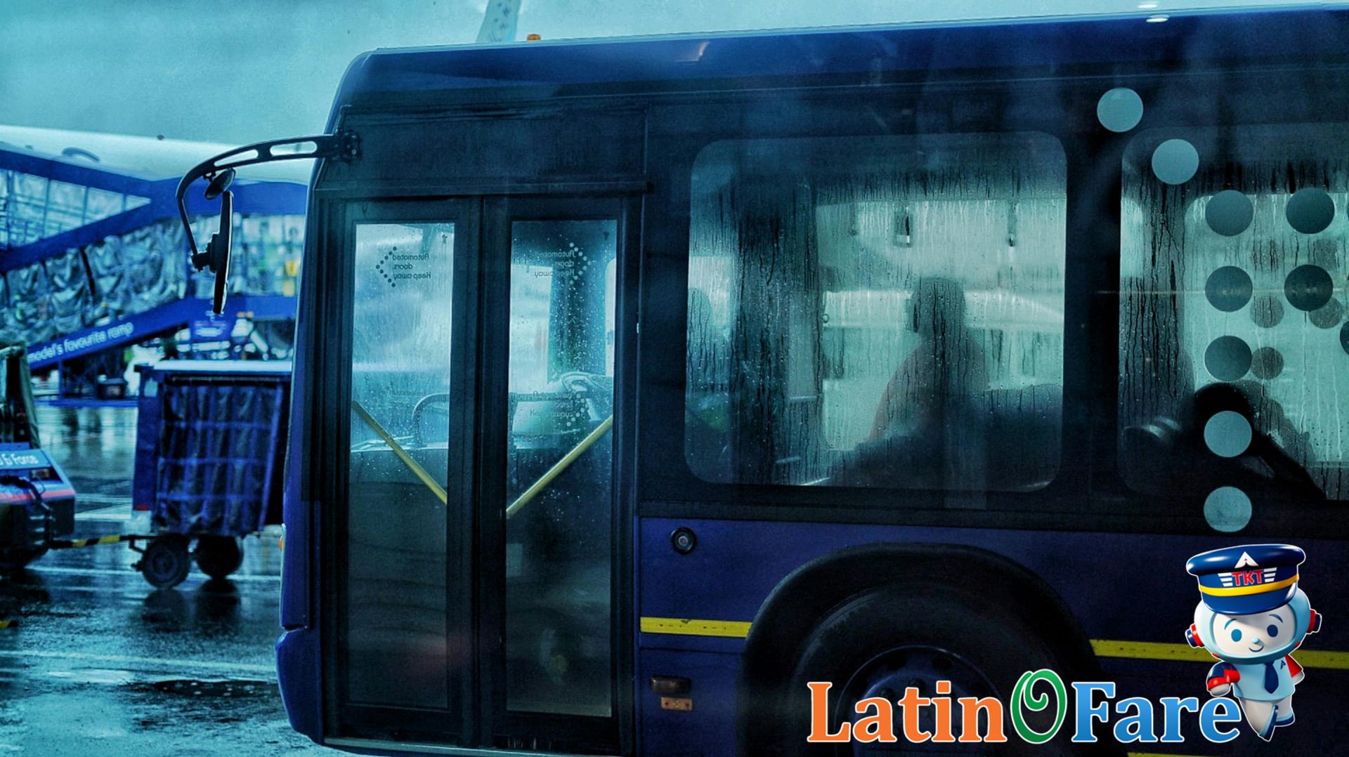 Travelers boarding a bus at an airport on a rainy day