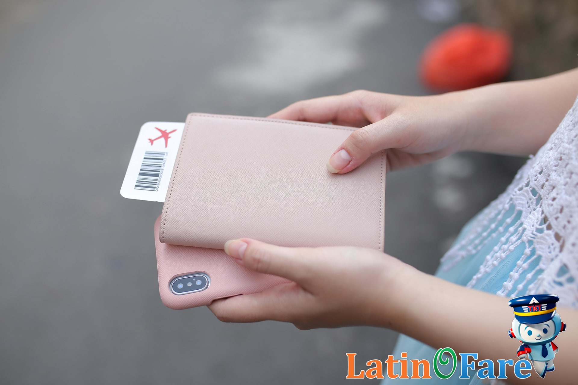 Traveler securing phone in crossbody bag