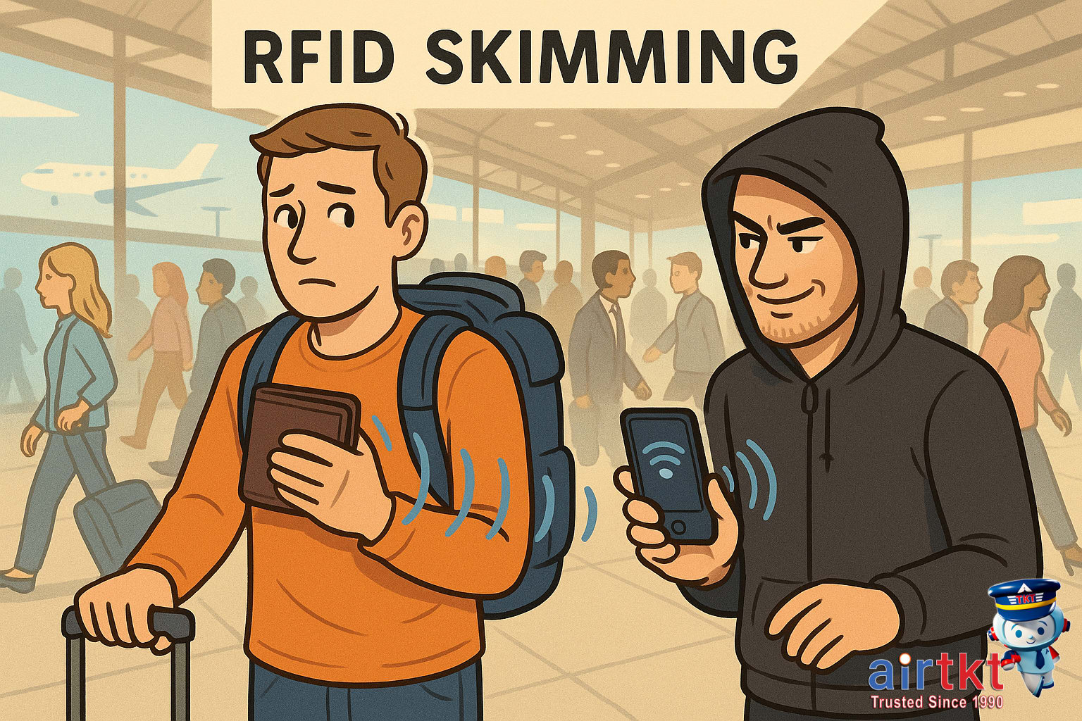 AI illustration of RFID skimming on traveler wallet at airport