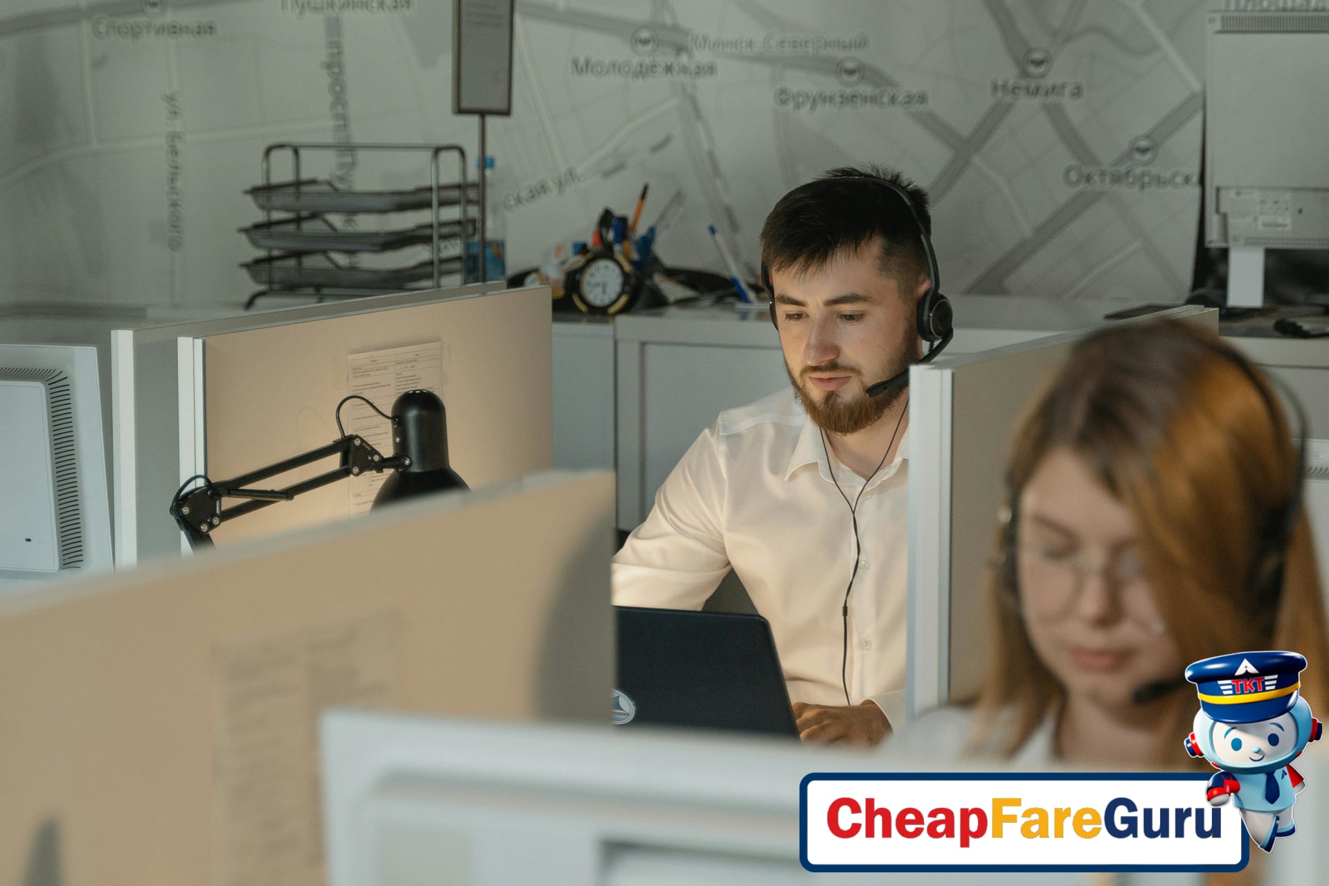 Customer service agent at call center desk