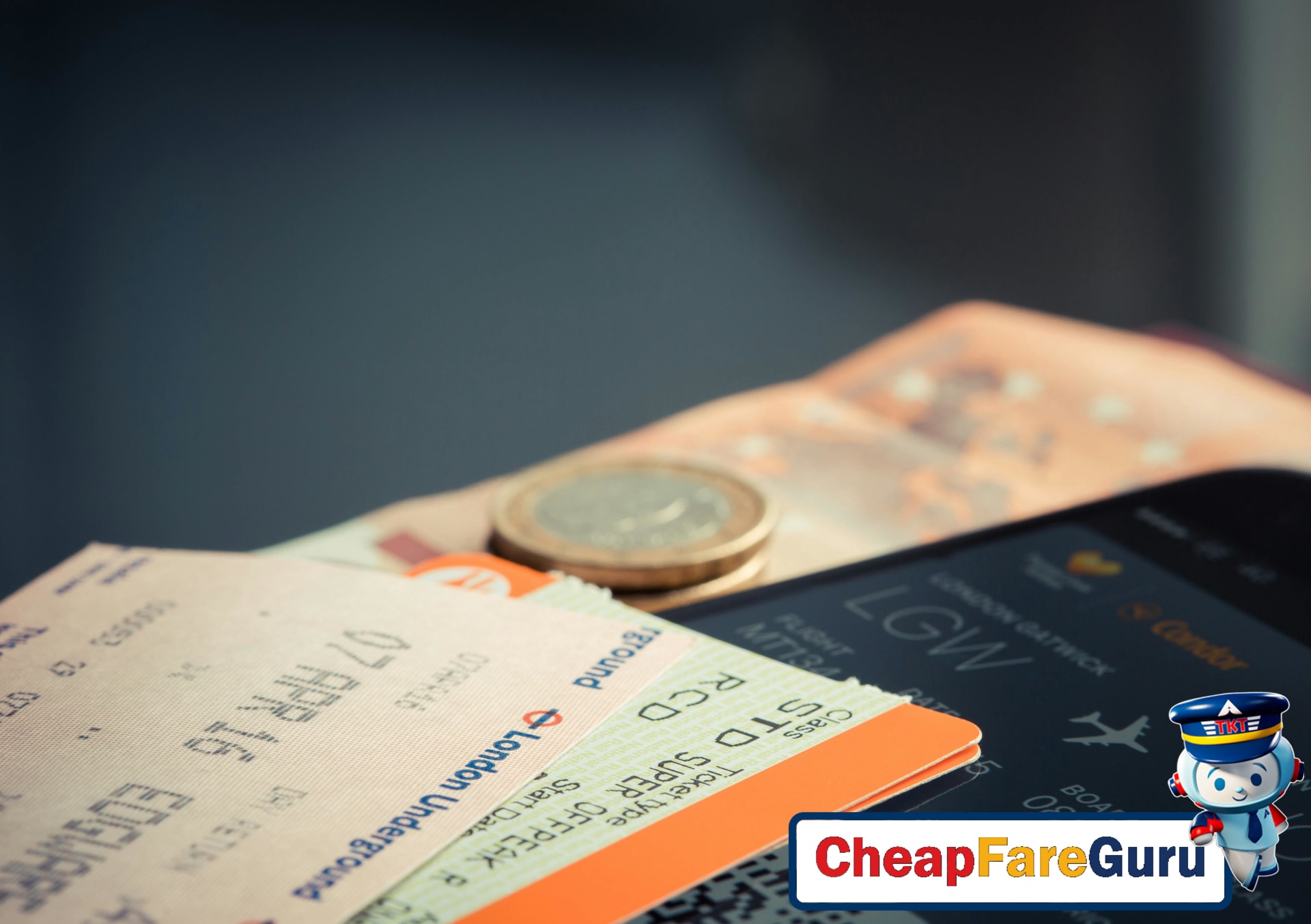 Airline ticket with coins and smartphone display