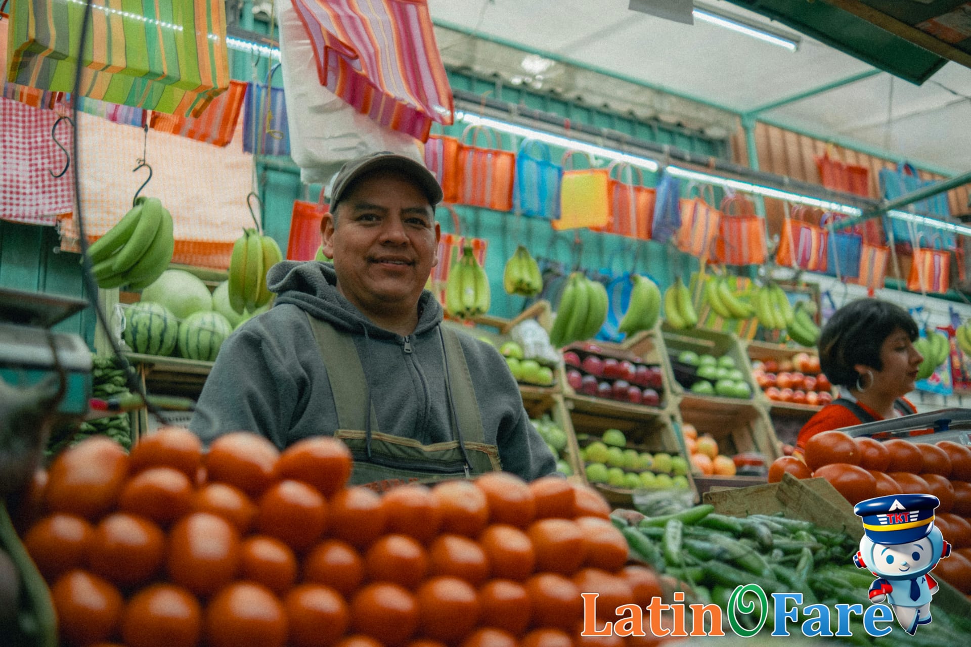 Market vendor and traveler exchanging goods