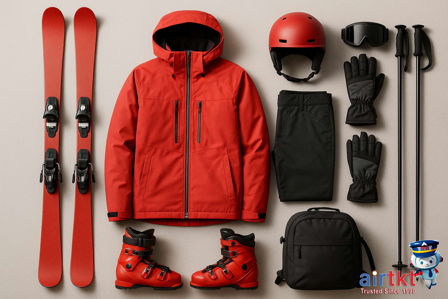 Essential ski gear and equipment for Alps winter sports arranged for packing