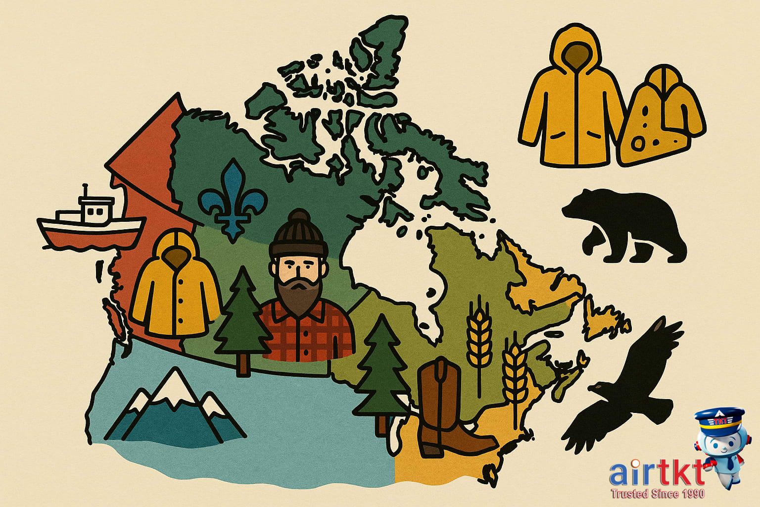 Map showing cultural regional differences in Canada with icons illustrating social norms