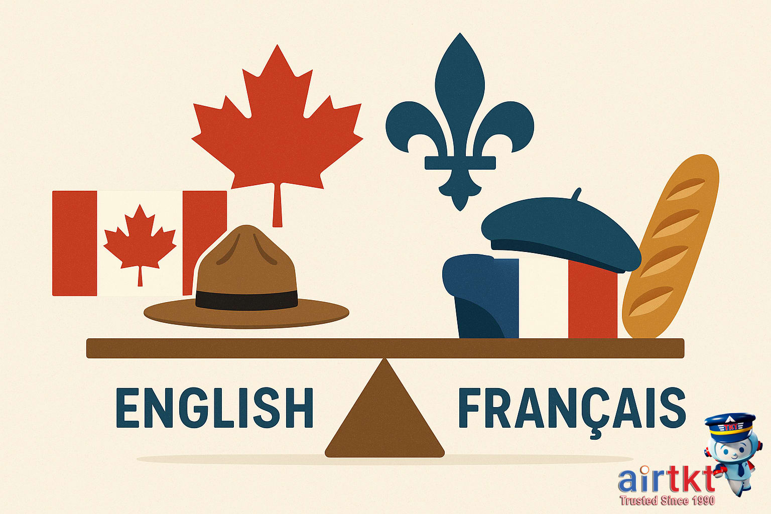 Symbols representing Canada's bilingual culture with English and French icons emphasizing dual languages