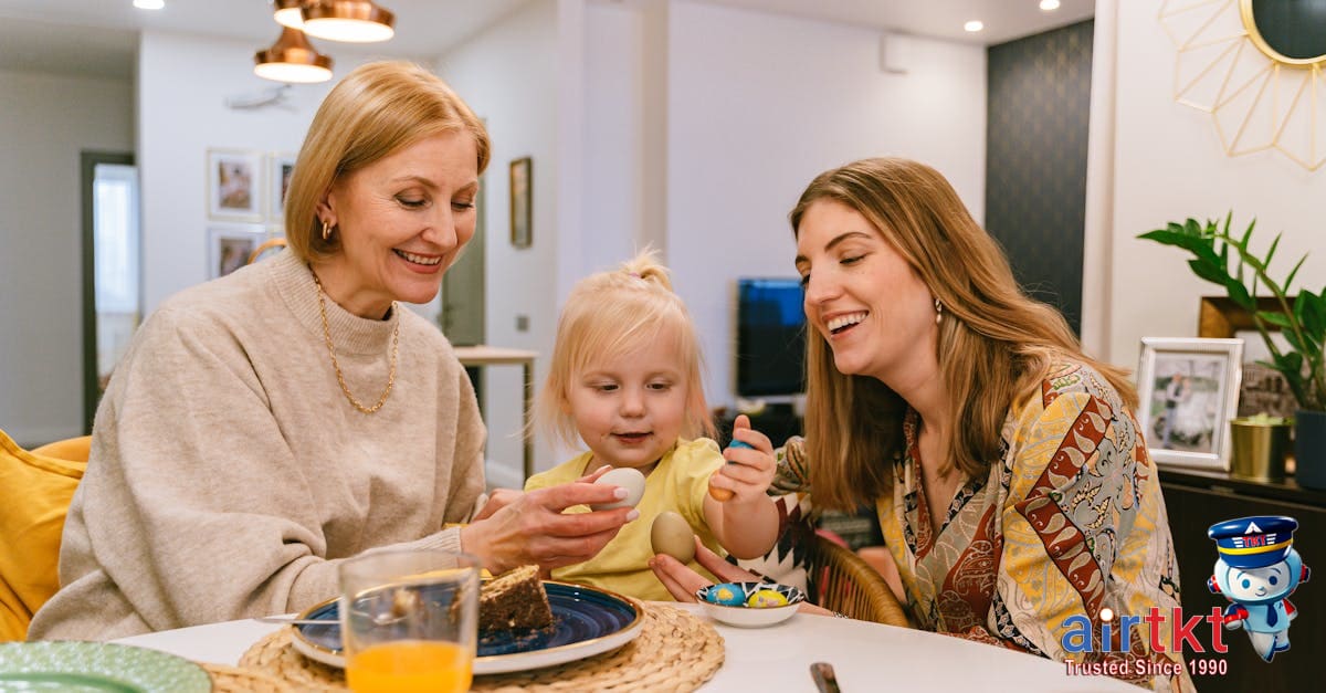 Family Easter brunch with spring decorations at outdoor restaurant