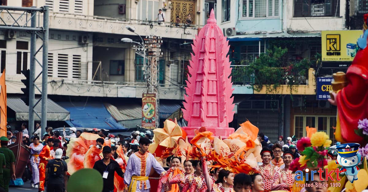 Easter parade with colorful floats and crowds in sunny city street