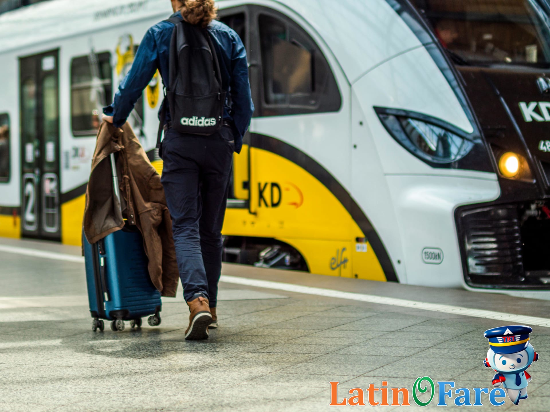 Traveler boarding train for eco-friendly transportation and sustainable travel in a new country.
