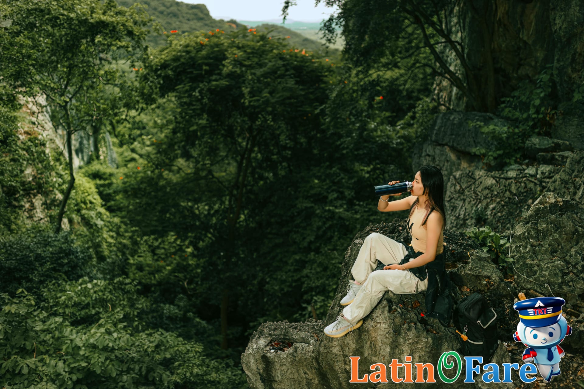 Eco-friendly traveler enjoying green landscape with sustainable travel gear