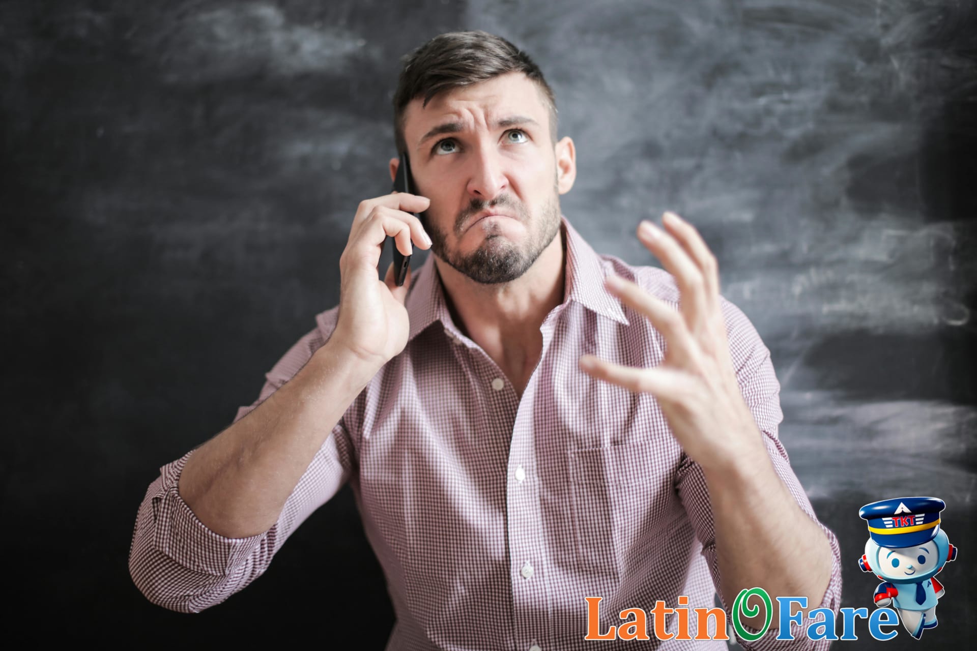 Traveler dealing with phone connection issues in hotel while abroad