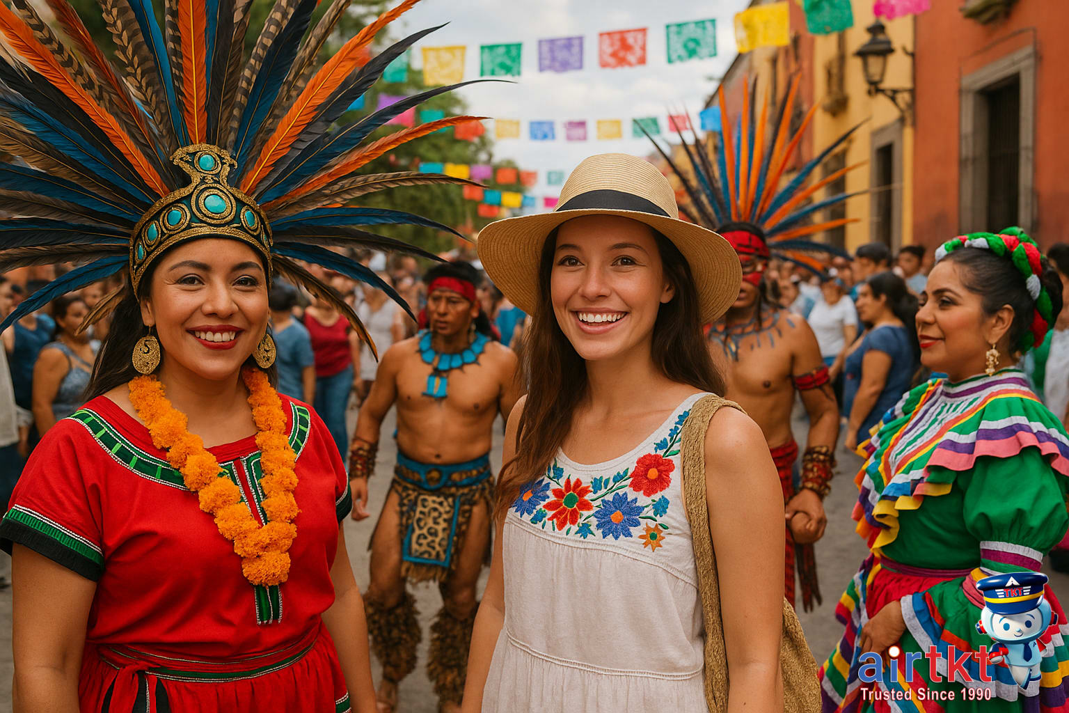 Tourists respectfully joining cultural festivals in Mexico, blending with locals during a traditional celebration