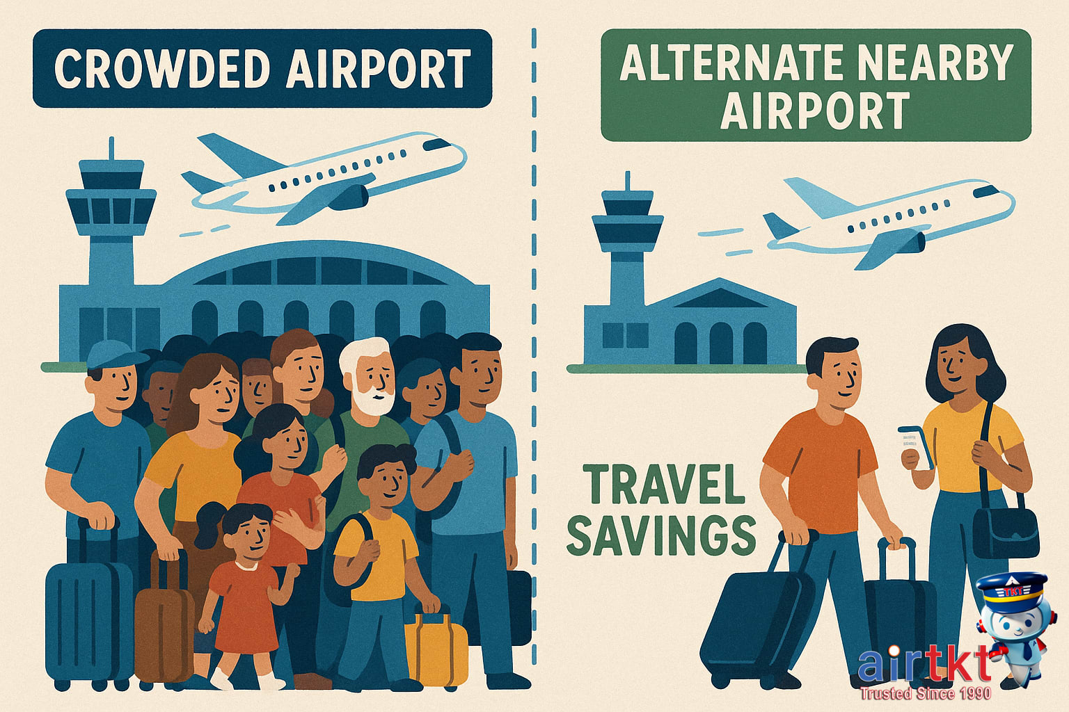 Using nearby airports to save on US transcontinental flights by comparing alternate options