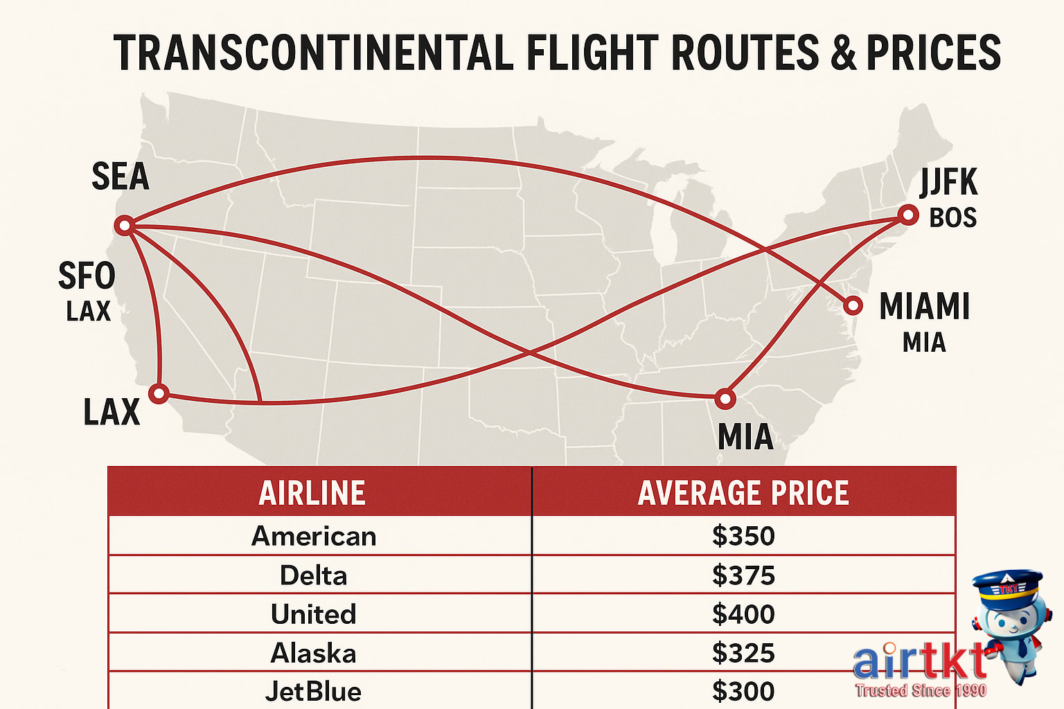 Comparing transcontinental airlines for best prices and routes between major U.S. cities