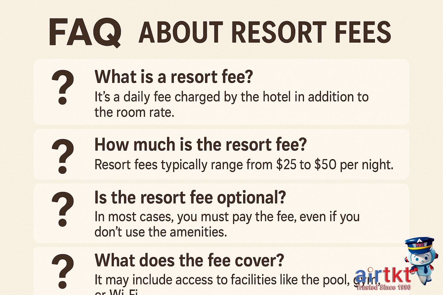 FAQ illustration showing common questions about hotel resort fees and hidden costs