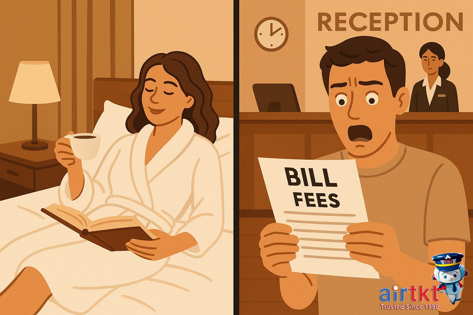 Split image of happy hotel guest relaxing on balcony and surprised traveler reviewing resort fees at checkout