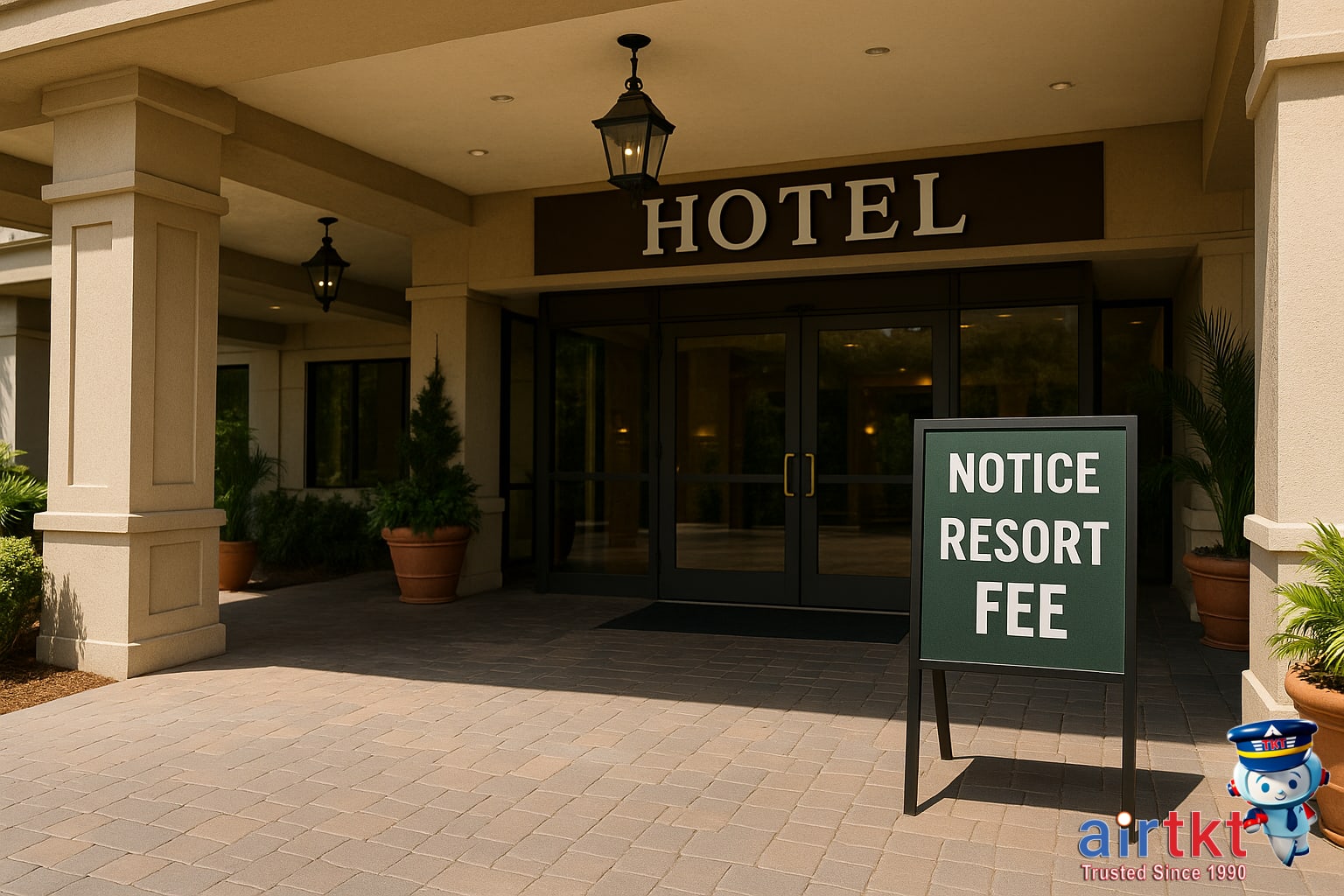 Hotel entrance with resort fee sign in a city-center destination