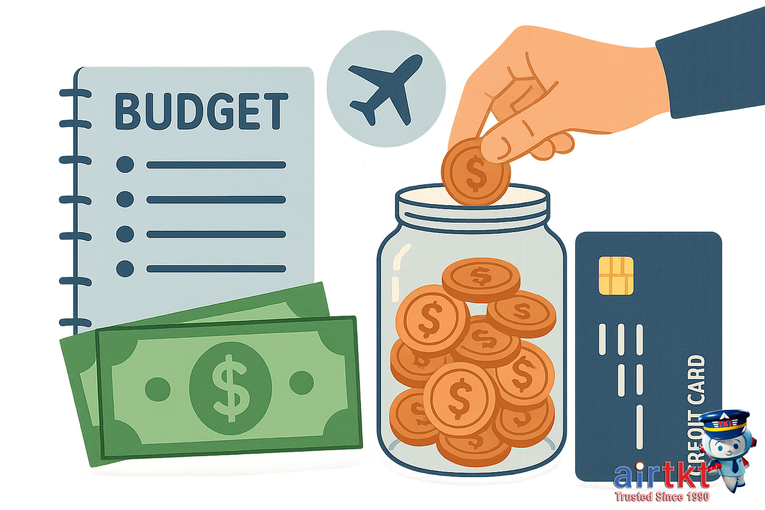 Budgeting travel expenses with cash and card options graphic illustration