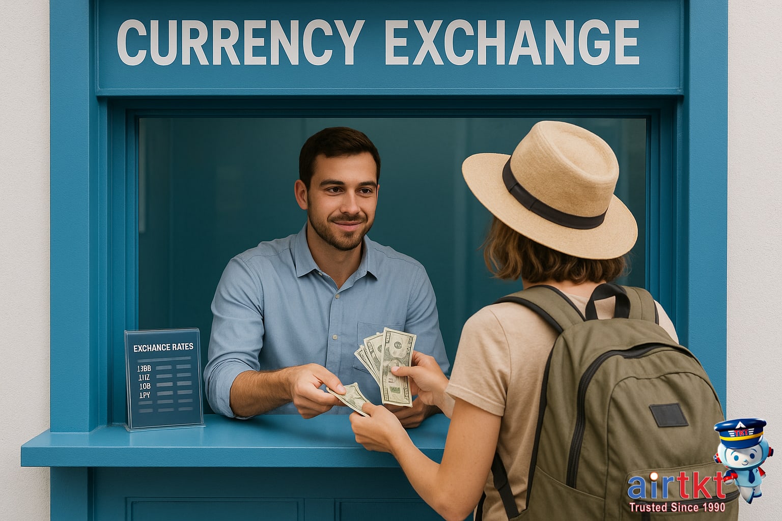 Currency exchange booth showing cash being exchanged for travel money
