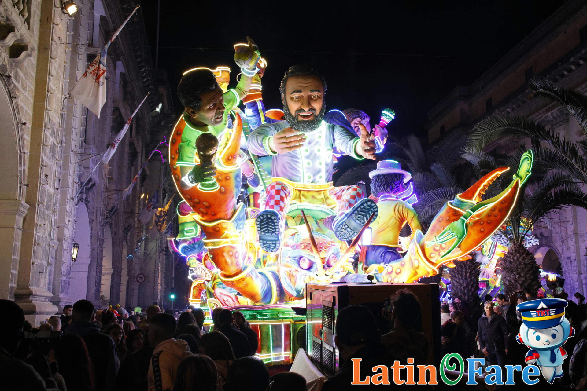 Night parade with glowing Mardi Gras floats illuminated in New Orleans.