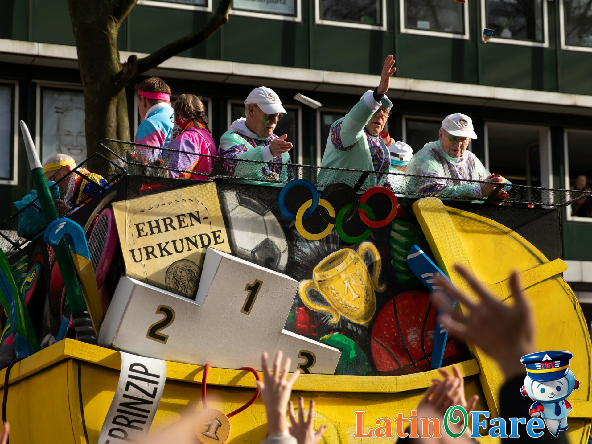 Mardi Gras in New Orleans parade with decorated floats and festive crowds enjoying the celebration