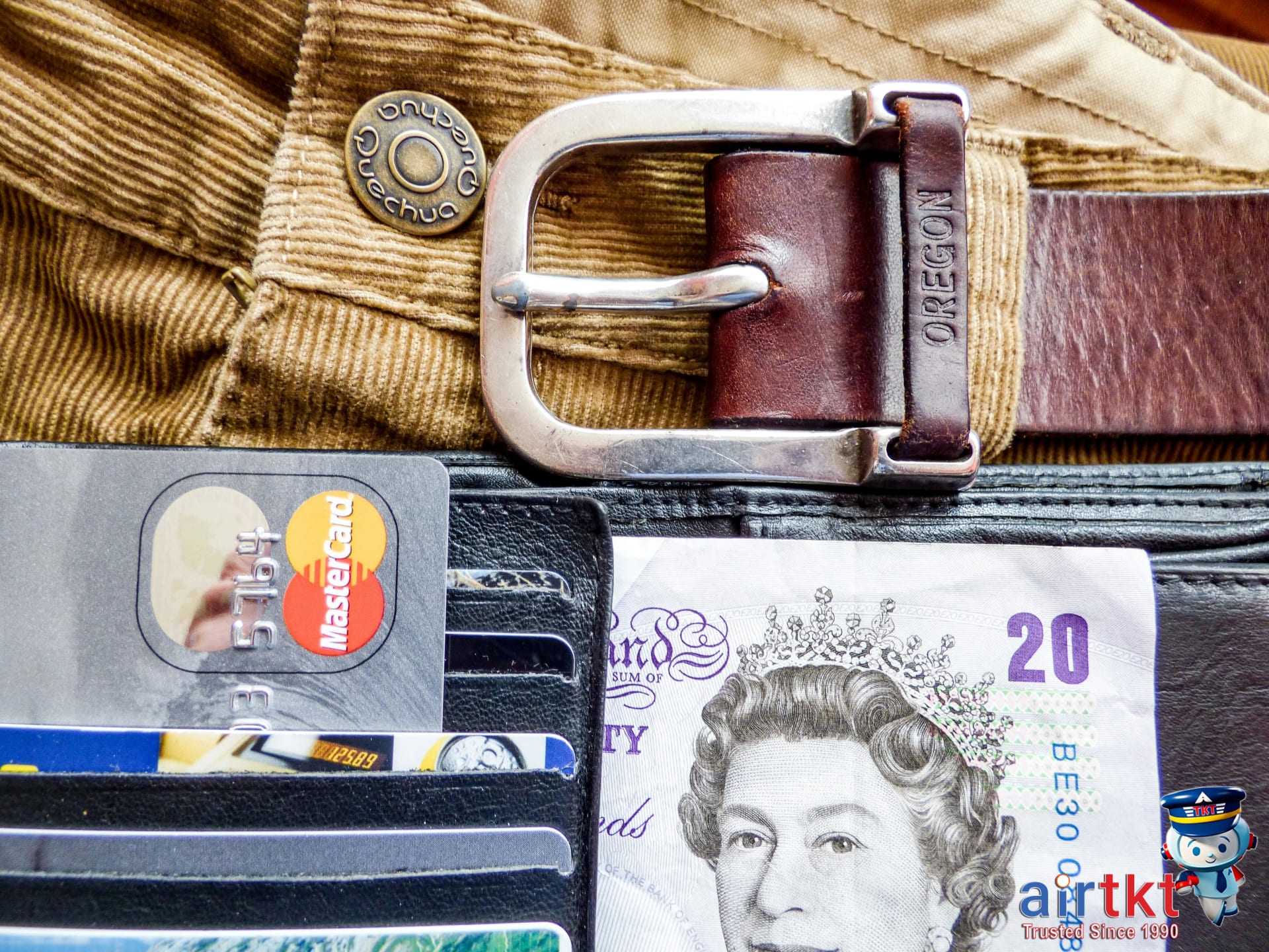 Traveler selecting money belt and anti-theft backpack for secure travel in busy area