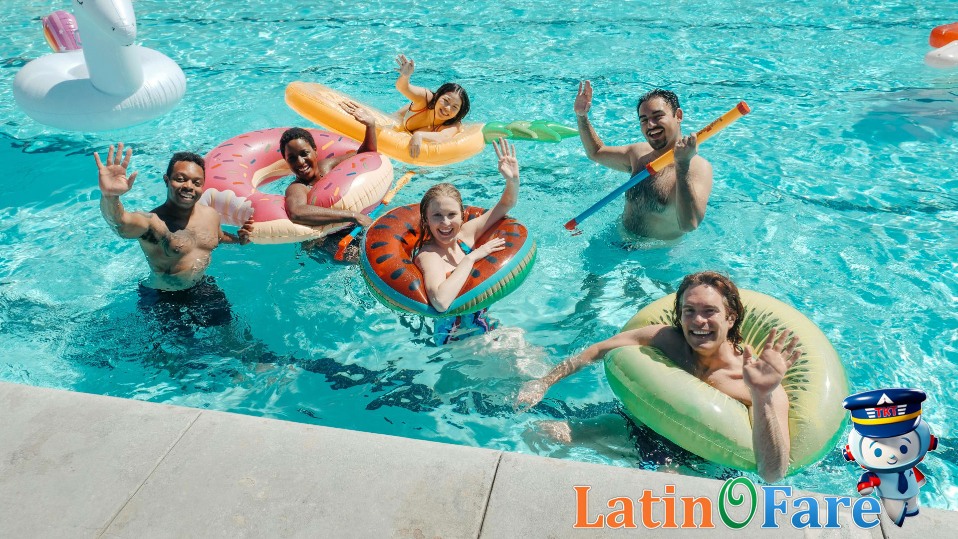 A diverse group of friends having fun at a lively spring break pool party