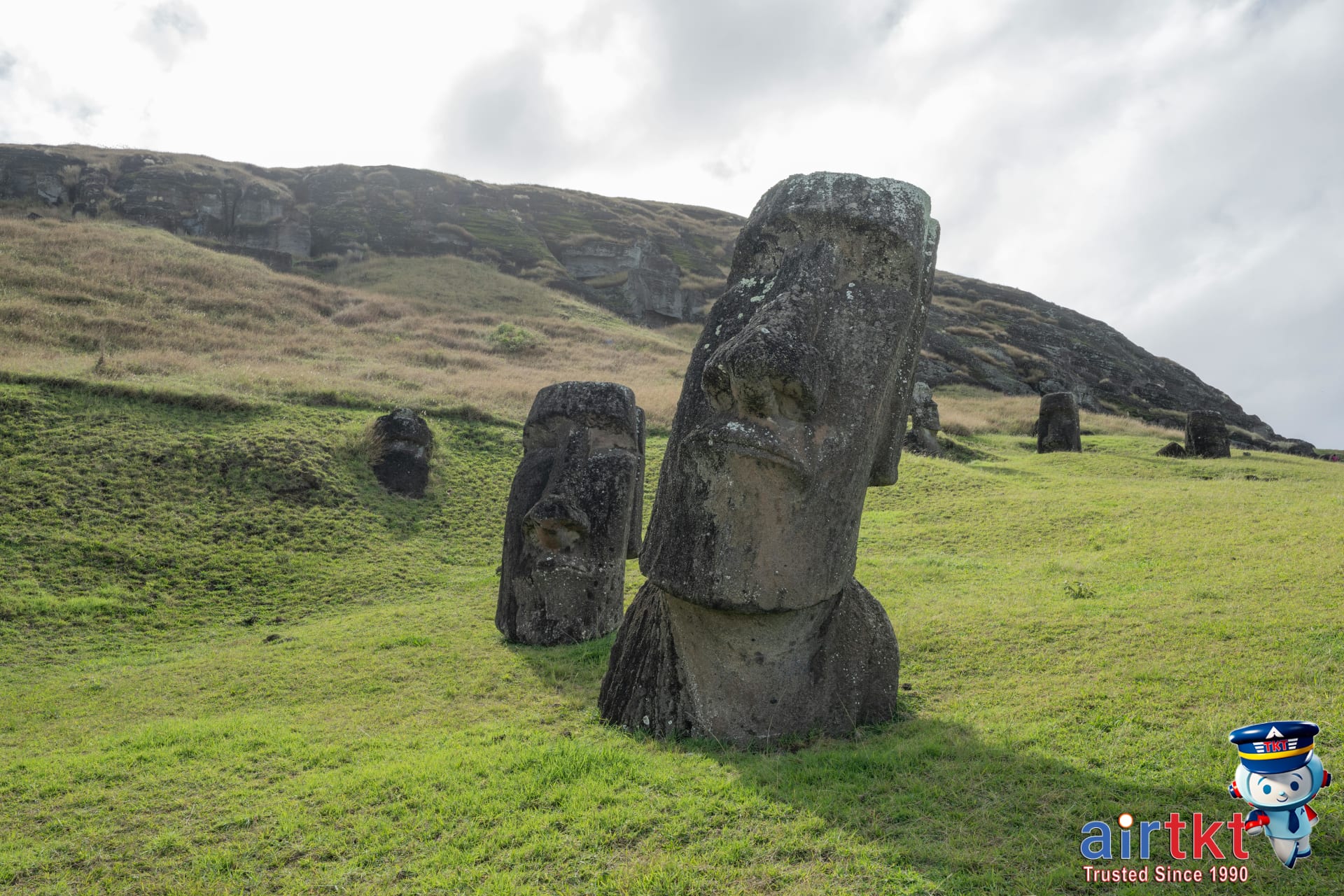 Moai statues at Rano Raraku quarry Easter Island Chile showcasing historic carvings and landscape