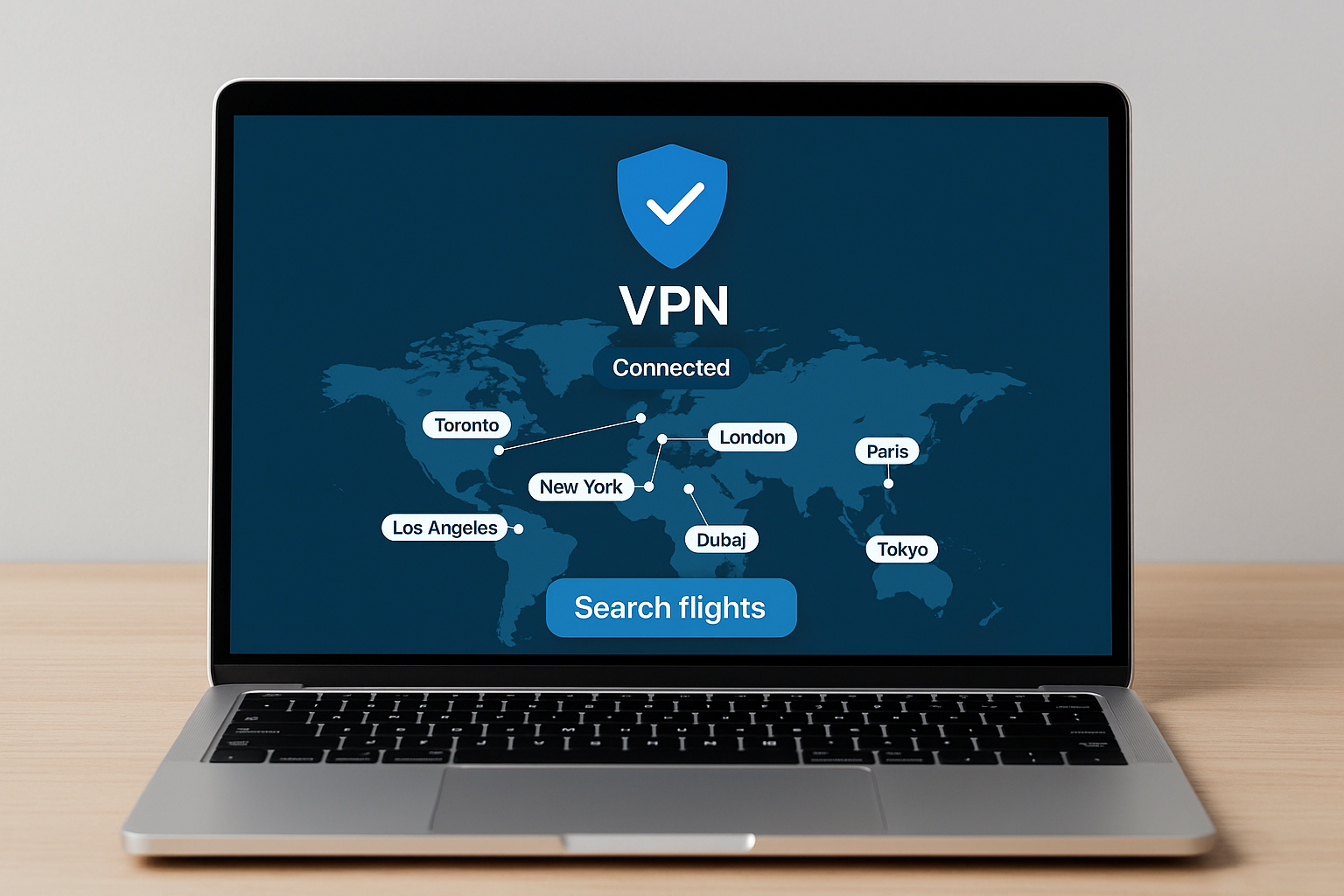 VPN tool changing user location in search for cheap flights online