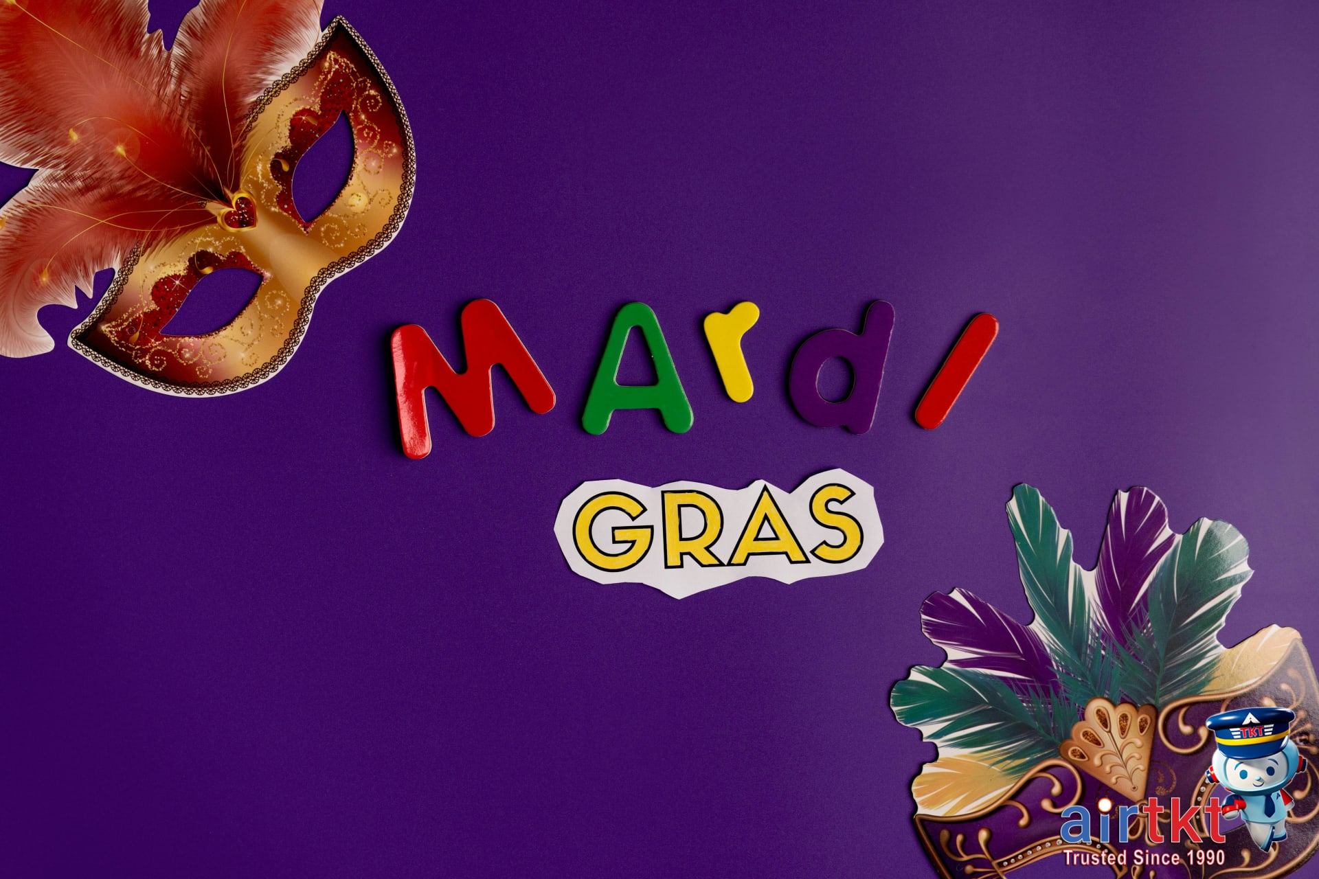 Mardi Gras themed FAQ concept with decorative carnival mask.