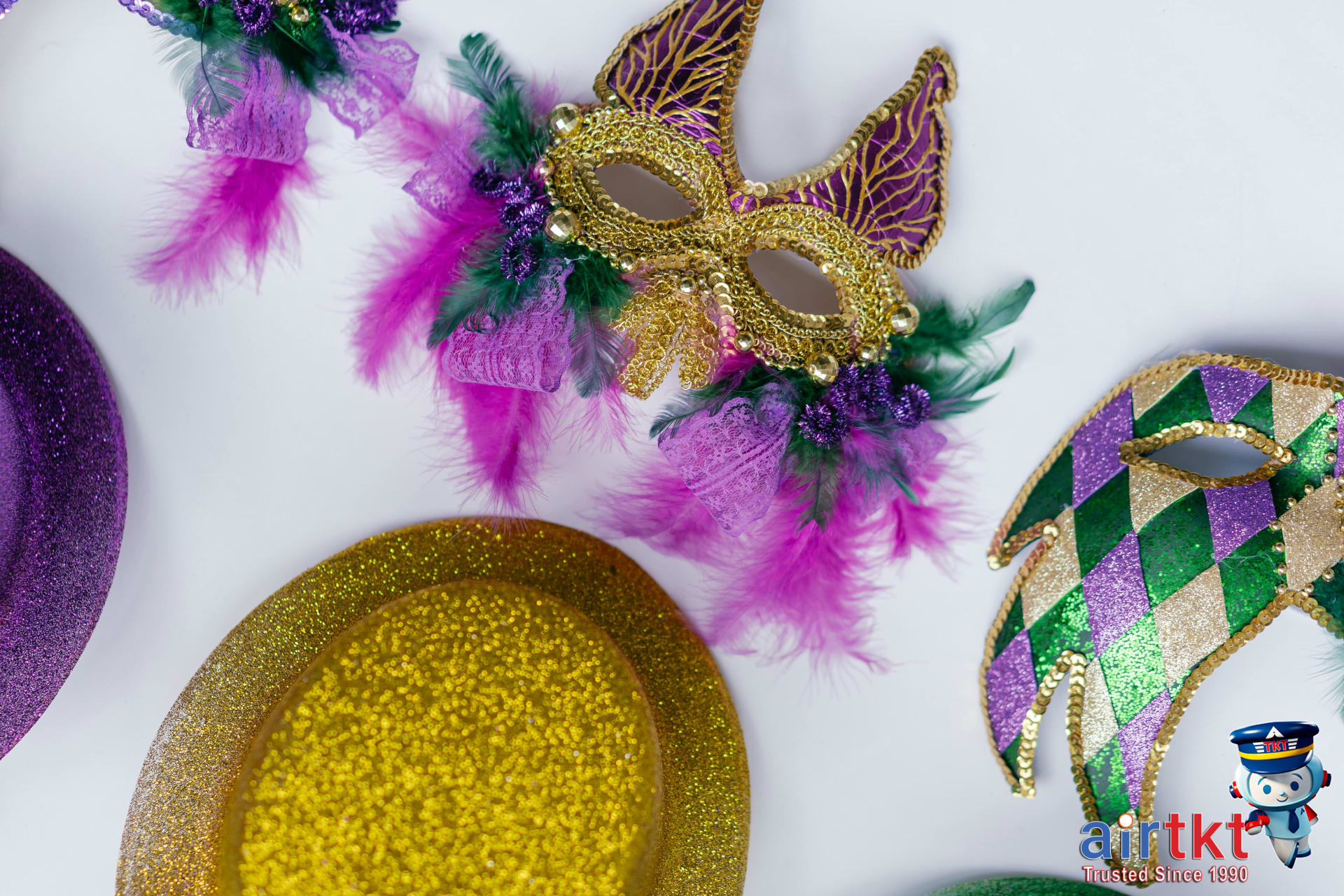 Mardi Gras decorations along historic streets in New Orleans French Quarter.