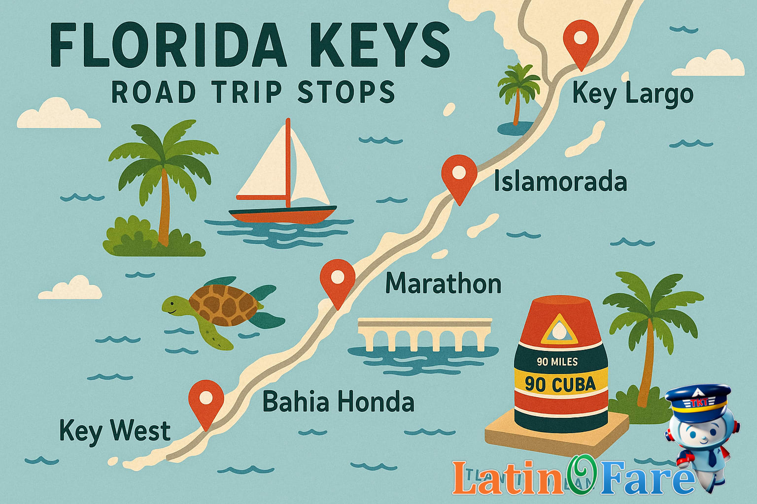 Map of Florida Keys road trip and main stops for beach lovers from Key Largo to Key West.