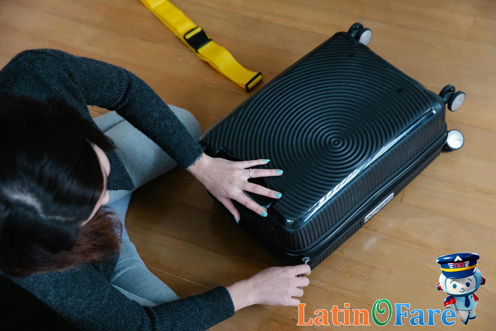 Traveler closing suitcase packed for a winter destination trip.