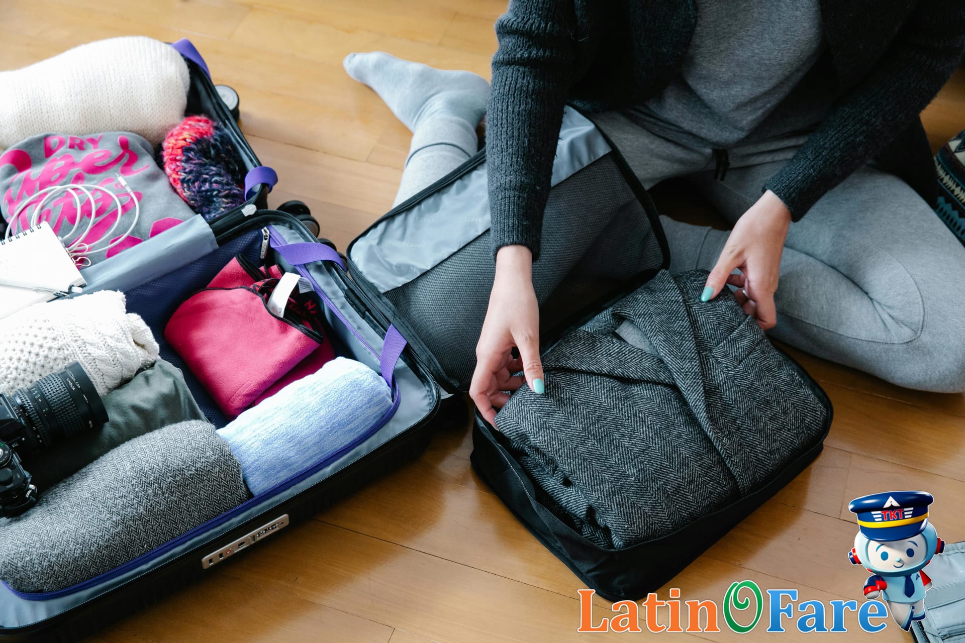 Packing cubes organizing cold-weather essentials for efficient suitcase packing.