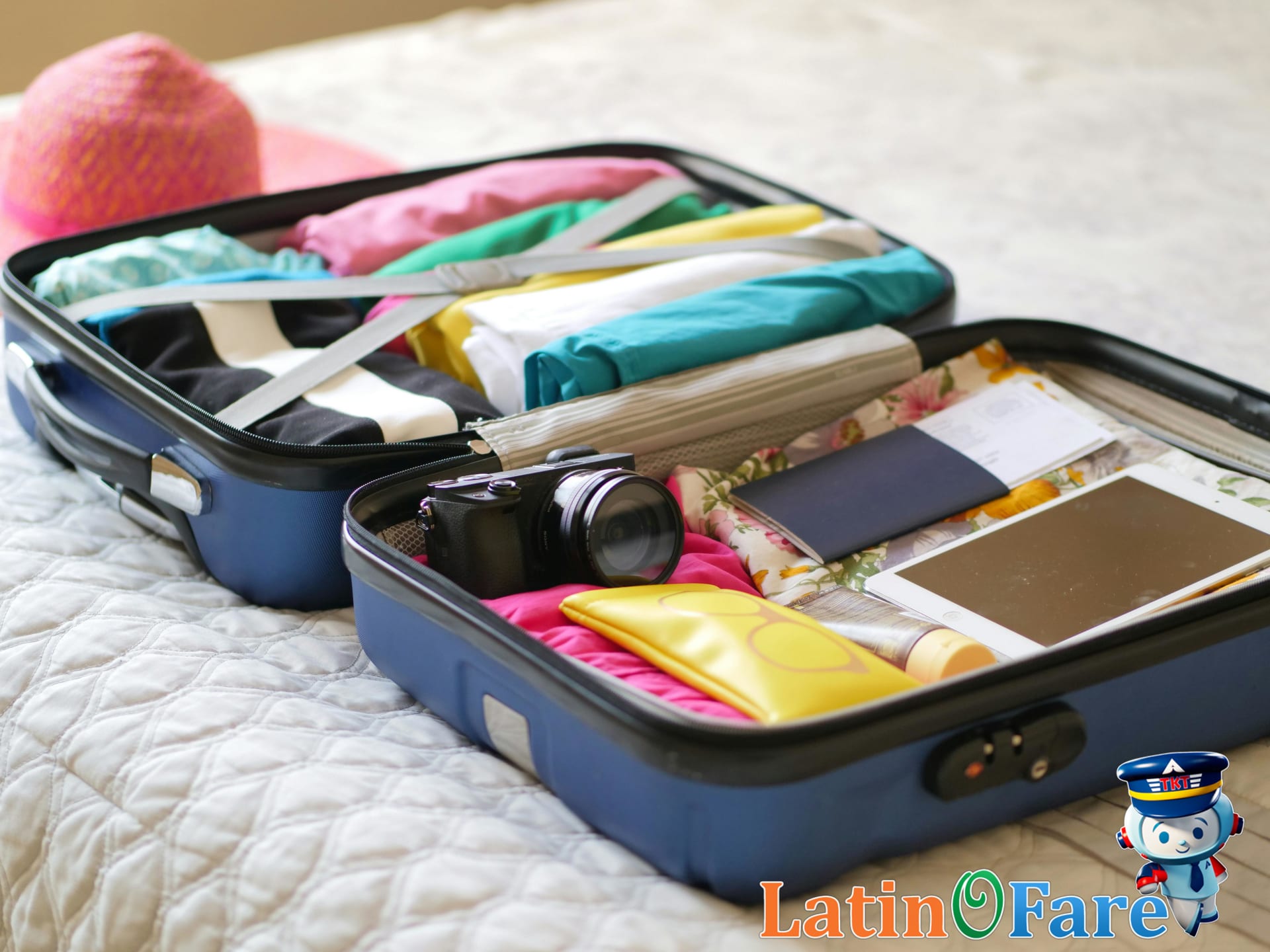 Avoid overpacking with a crossed out items pile near organized family travel bag.