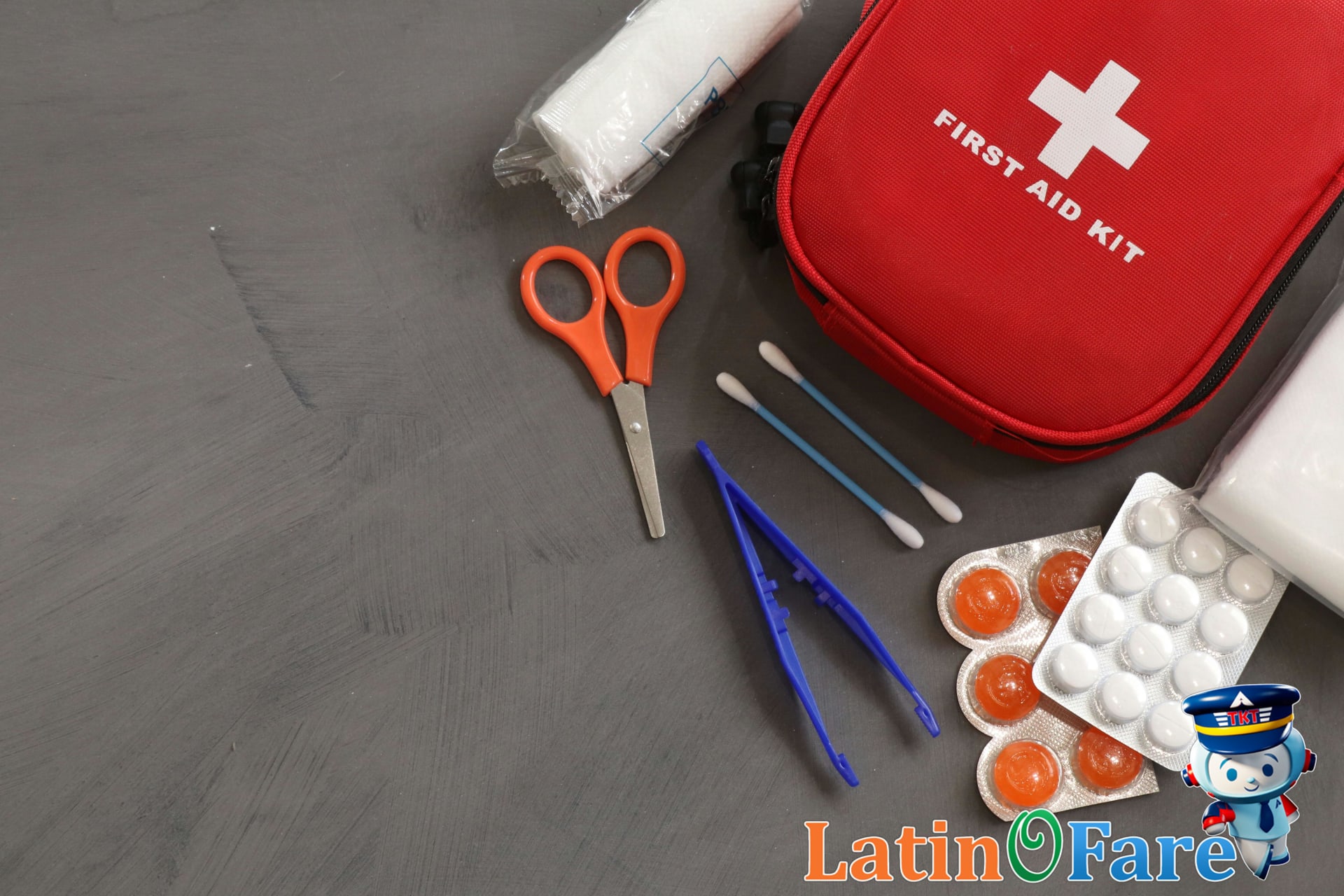 Family travel safety kit with first aid essentials and child ID bracelets packed for children.