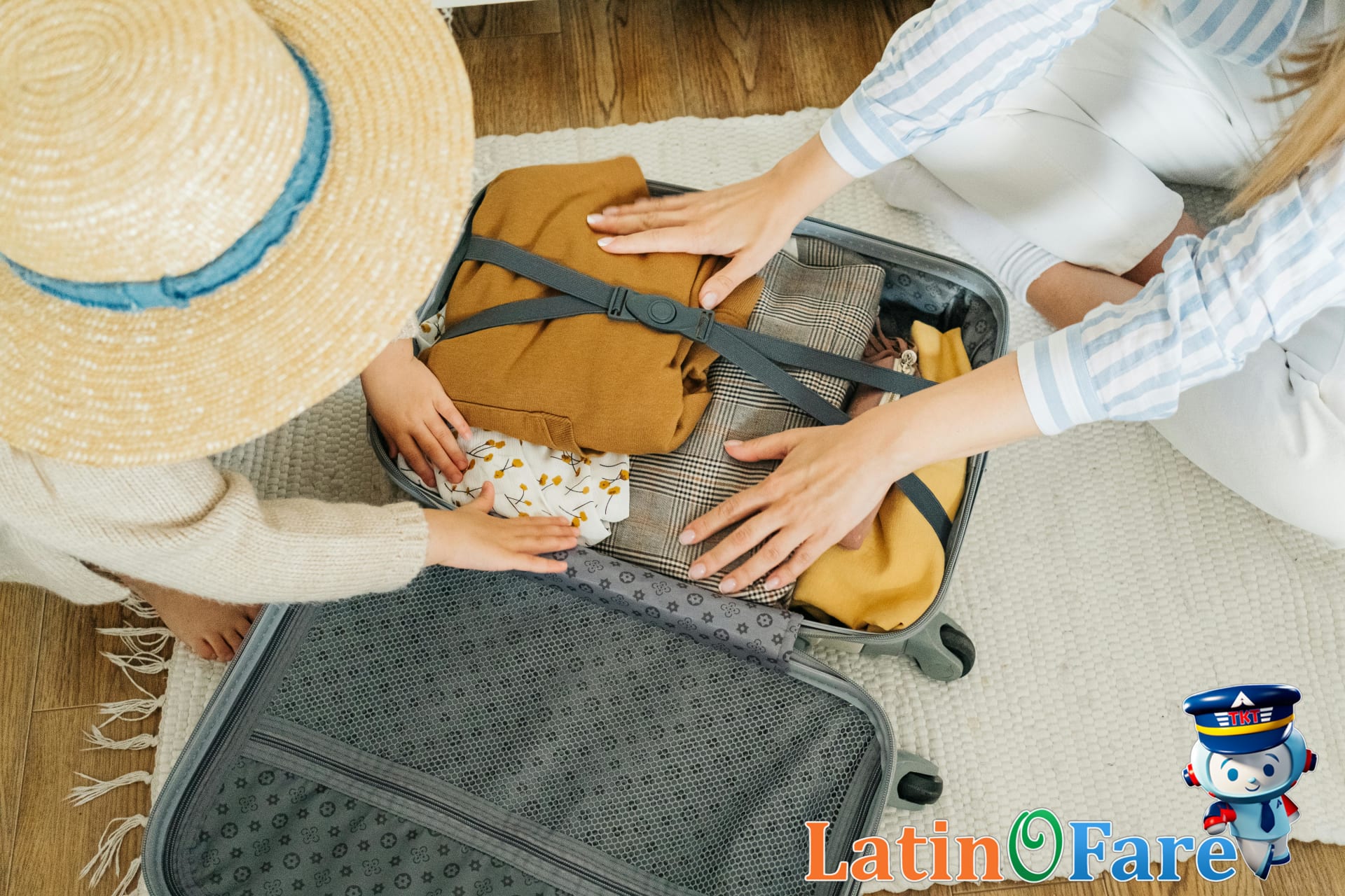 Family packing together using a travel checklist and bags for family travel on the floor