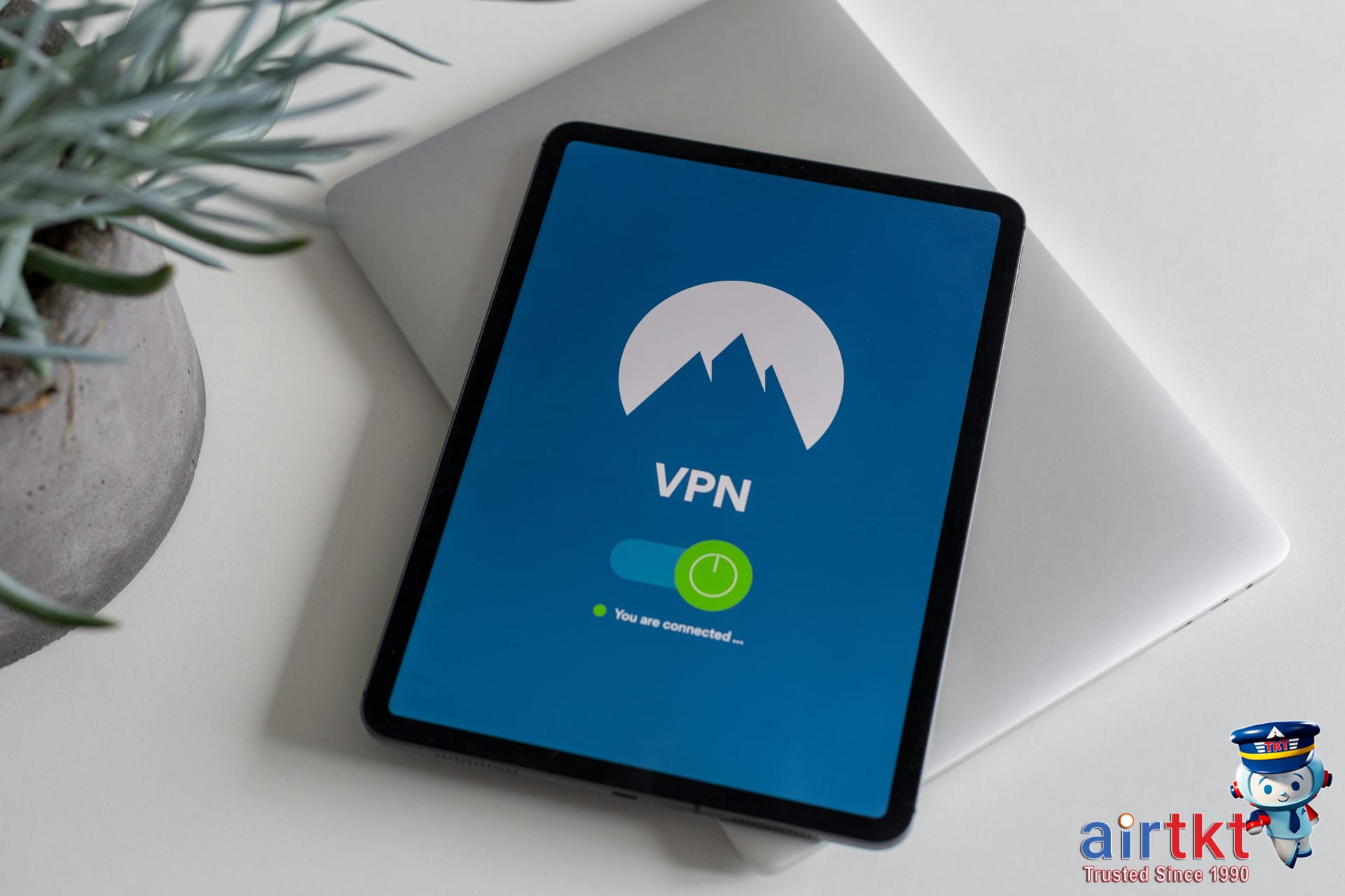 Infographic with VPN travel tips and key AirTkt savings tools for flight bookings