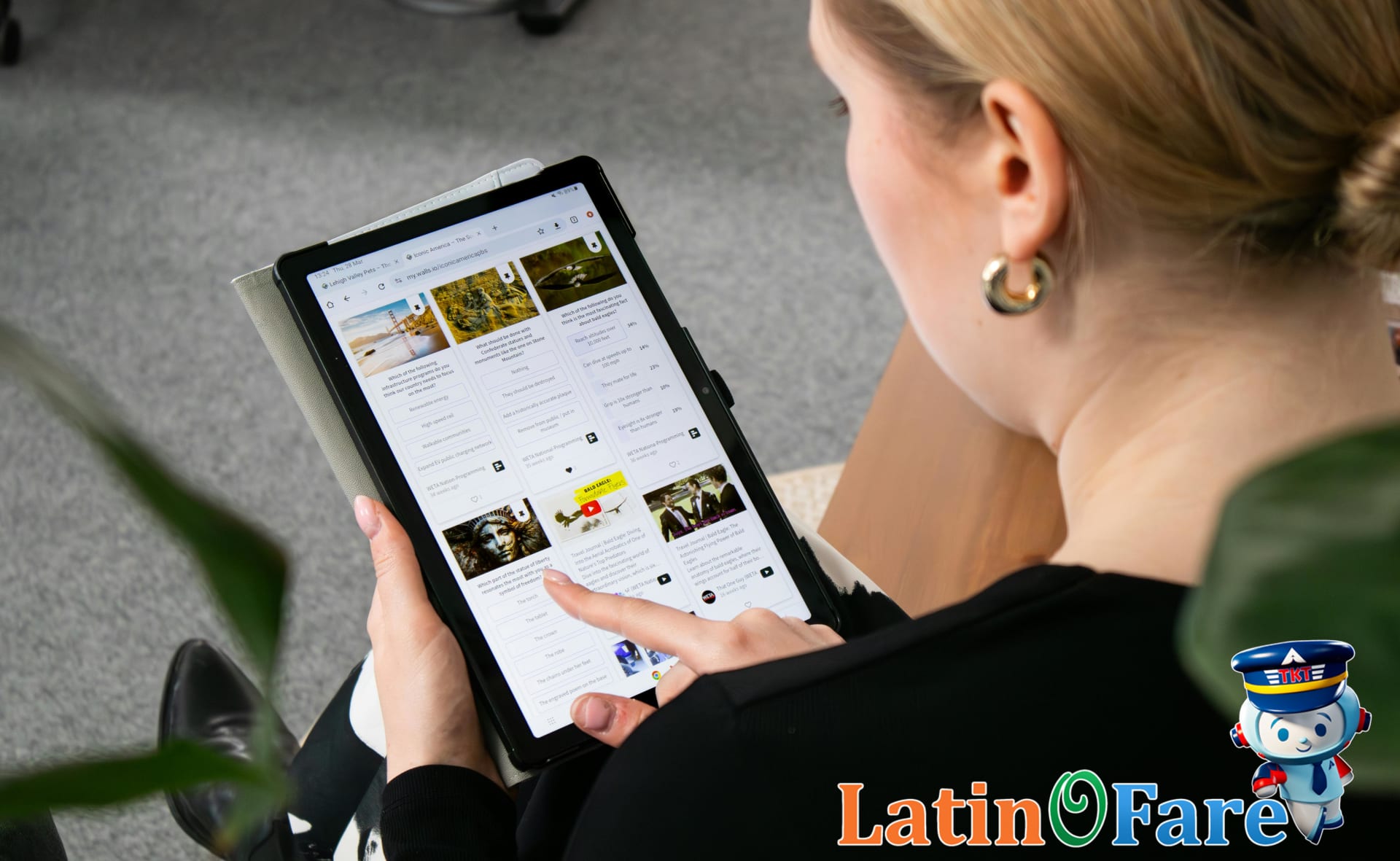 Using LatinoFare booking platform tablet screen comparing hotel cancellation policies