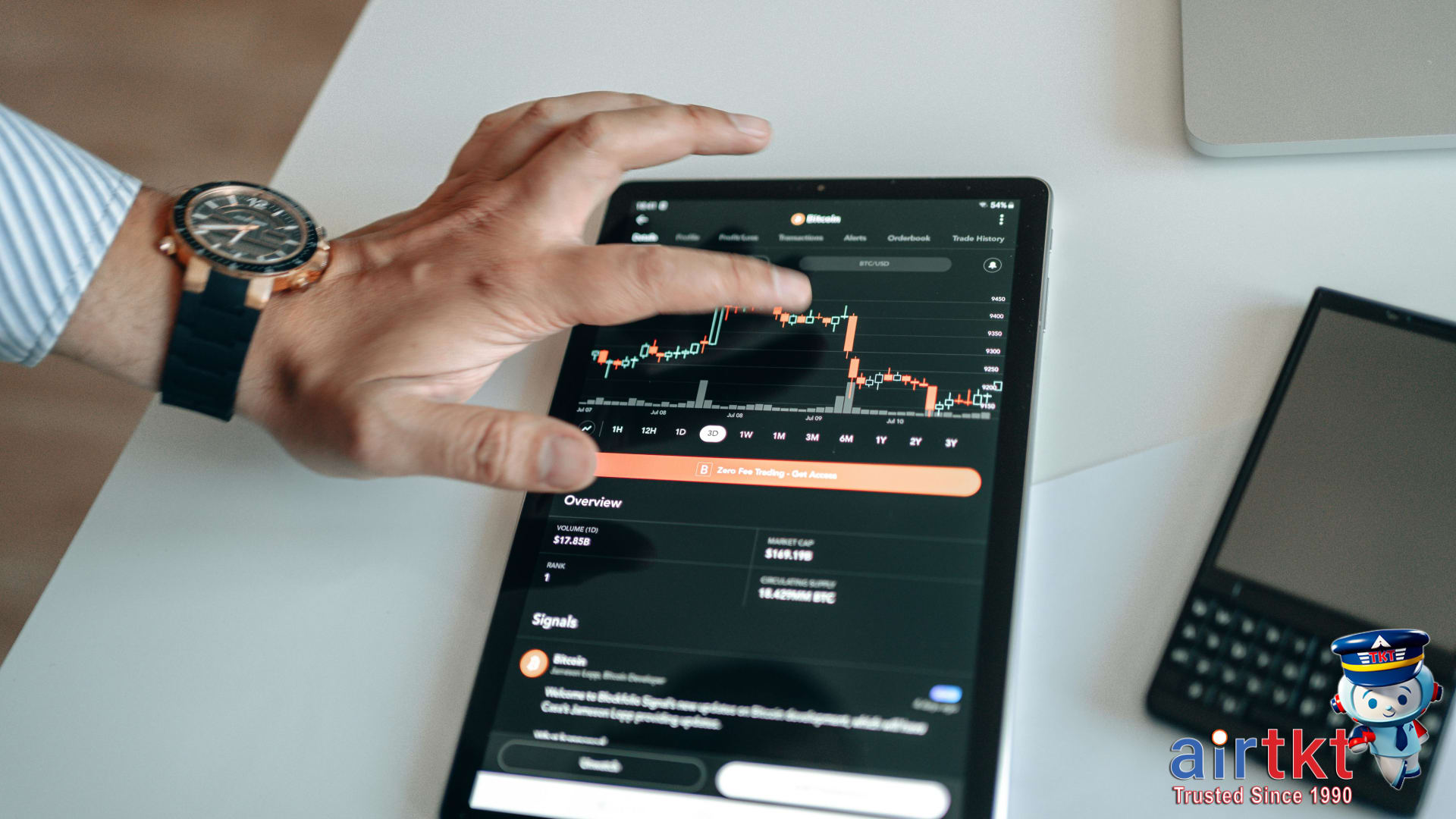 Flight price charts comparing VPN and non-VPN fares displayed on tablet screen