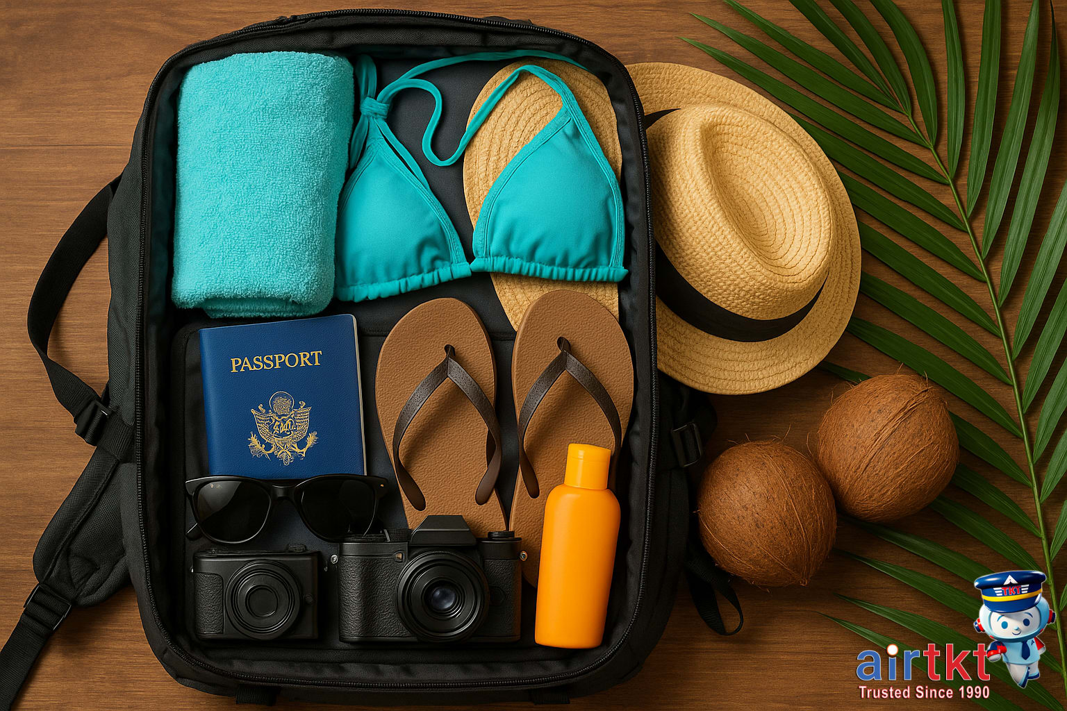 Packed backpack with tropical beach essentials for vacation
