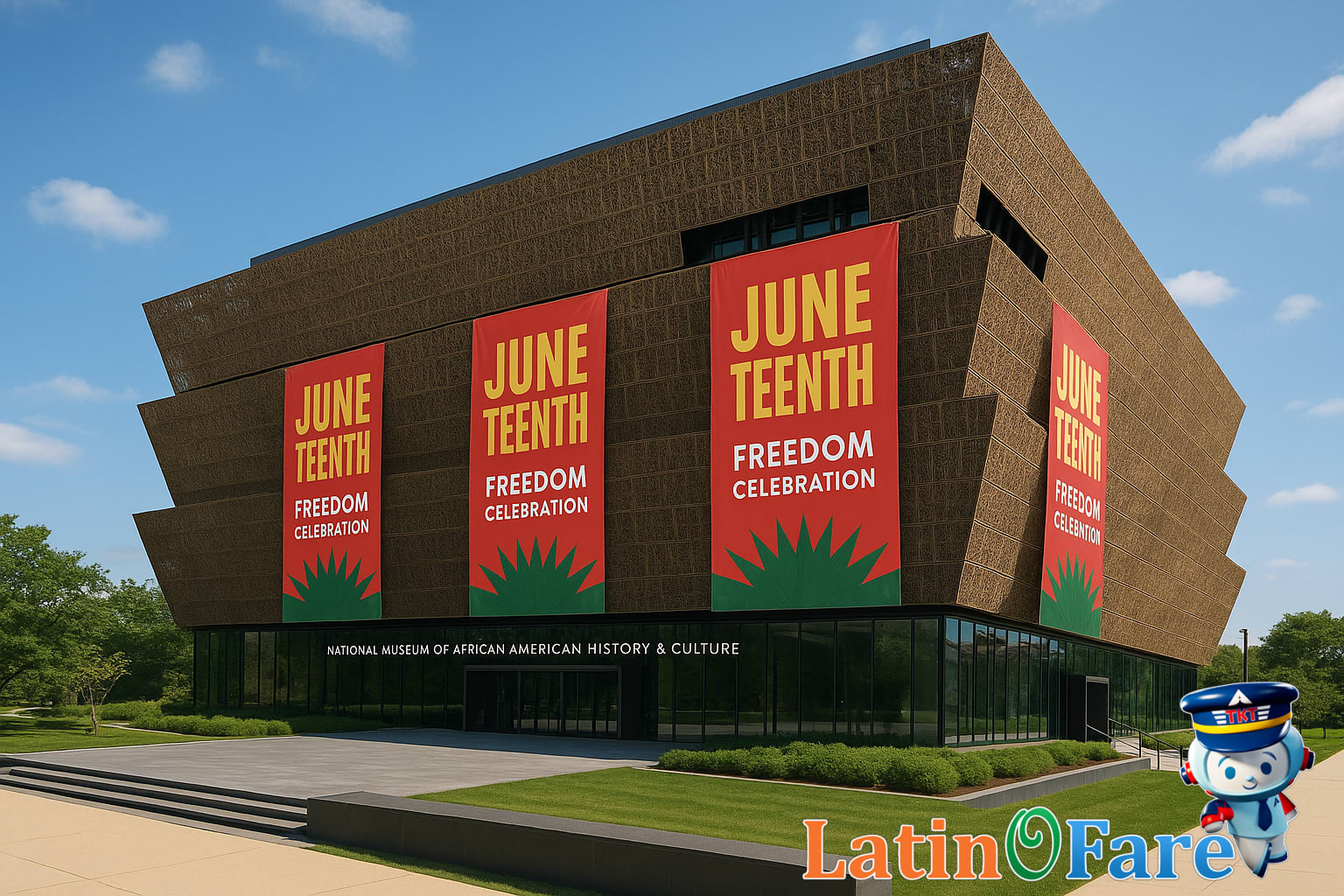 African American museum building with Juneteenth banners displayed outside for heritage site travel